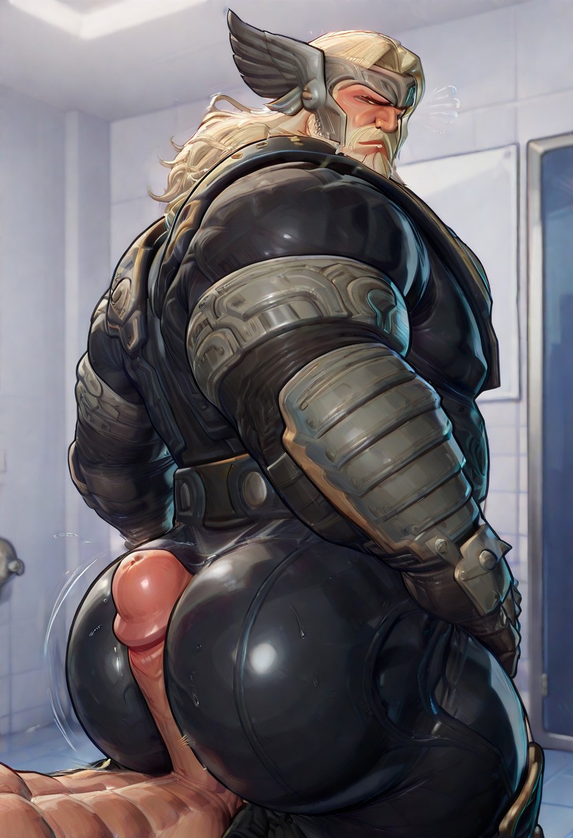 ai_generated annoyed armor ass bara big_ass big_ass_(male) big_butt bubble_butt buttjob buttjob_over_clothes dudebooty17 gay grey_hair male male_only marvel marvel_rivals thor_(marvel_rivals)