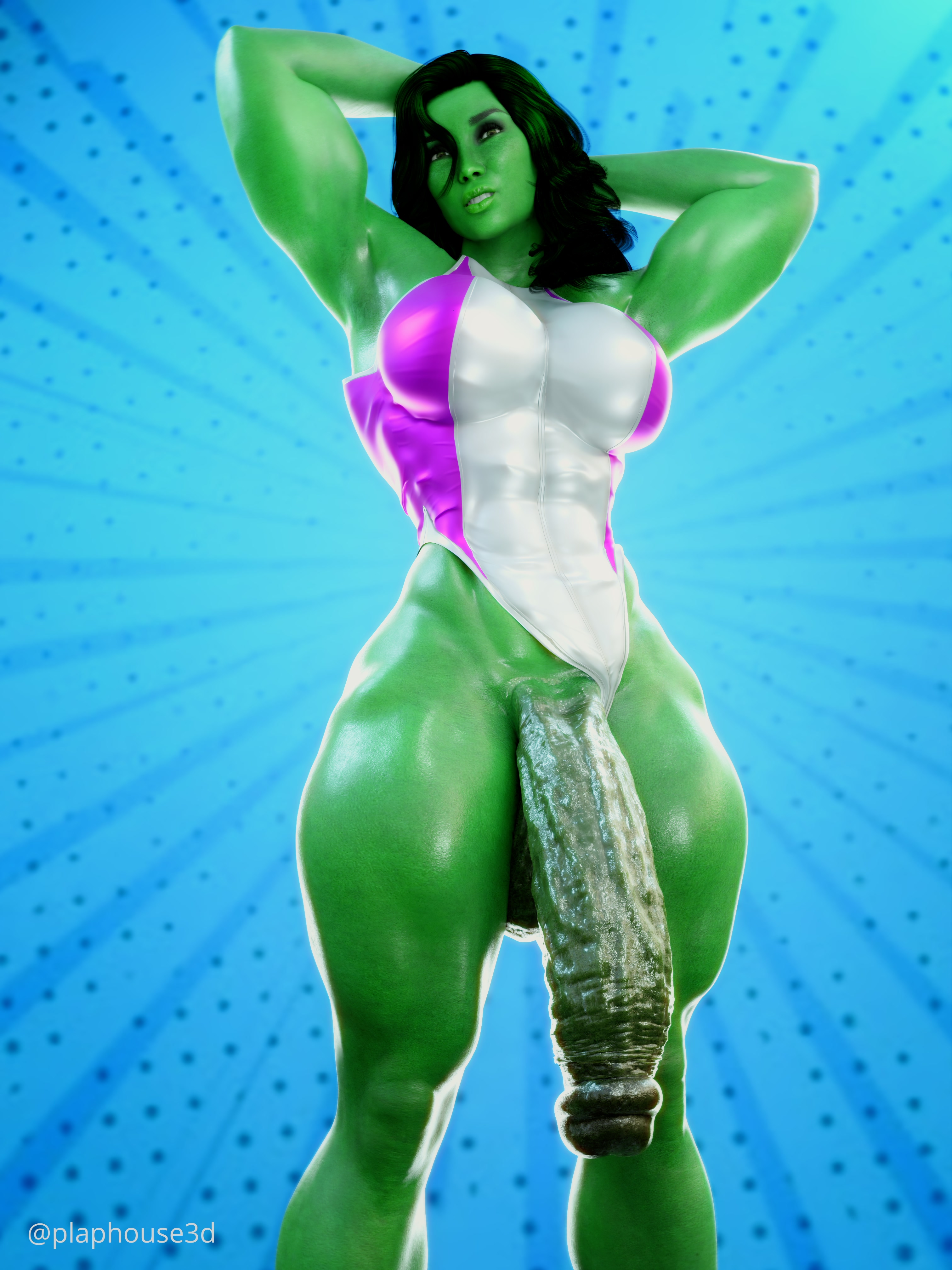 3d, arms behind head, big breasts, big cock, big dick, big penis, big thighs, blender, breasts, flaccid, flaccid penis, flexing arms, futa only, futanari, green penis, green skin, huge cock, huge thighs, intersex, large thighs, looking at viewer, marvel, marvel comics, muscular, muscular arms, muscular futa, muscular thighs, penis, plaphouse3d, she-hulk, thick thighs