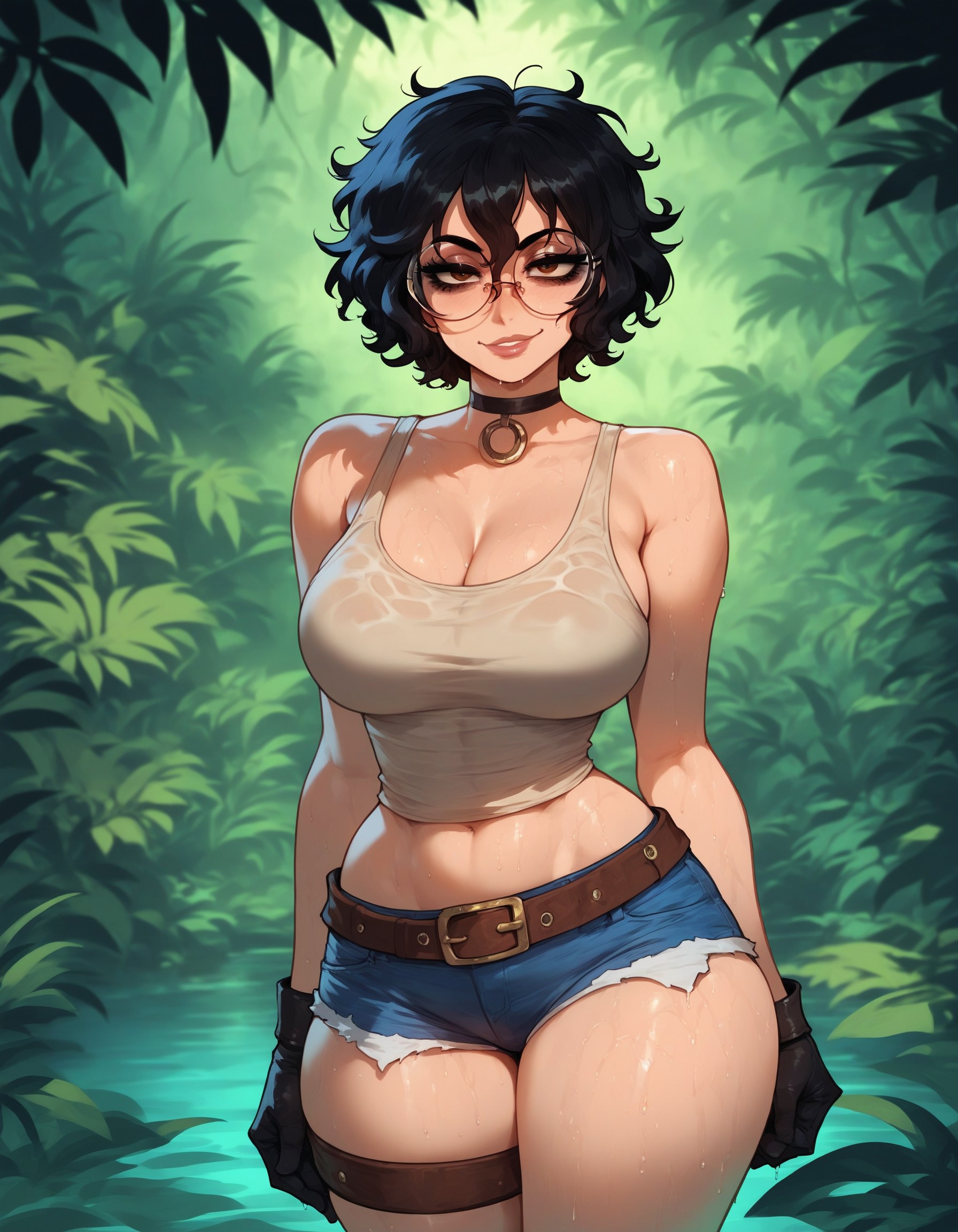 1girls, ai generated, ass, big ass, big breasts, black hair, breasts, denim, denim shorts, female, glasses, light skin, light-skinned female, messy hair, olie, round glasses, short hair, tank top, wavy hair, xandr