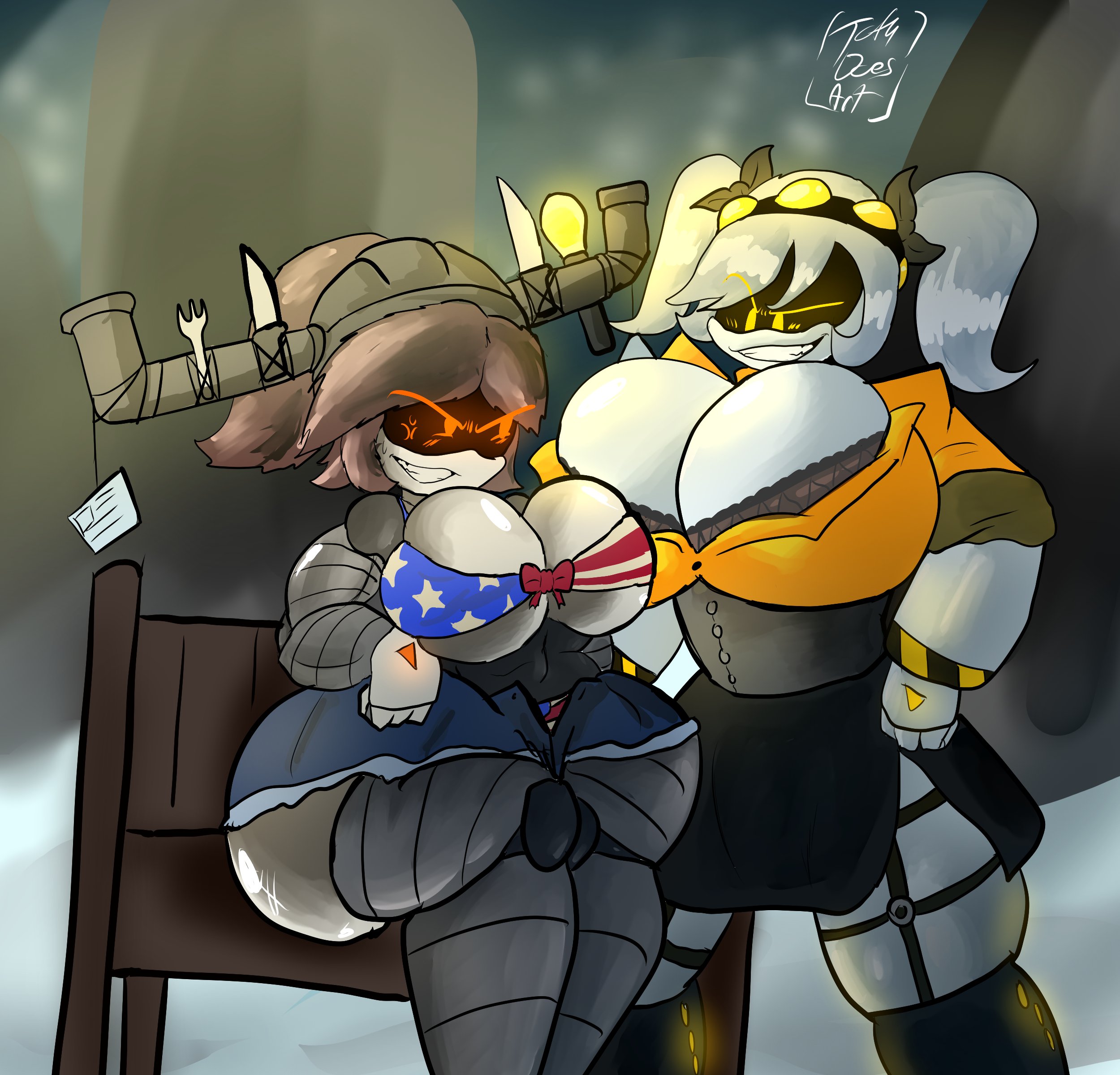 alice (murder drones), american flag bikini, ass, breast size difference, breasts, cleavage, comparing breasts, female, female only, garter belt, garter straps, huge ass, j (murder drones), jean shorts, large breasts, miniskirt, murder drones, office lady, open shirt, thick thighs, tight fit, tofudoesart, underboob, wide hips