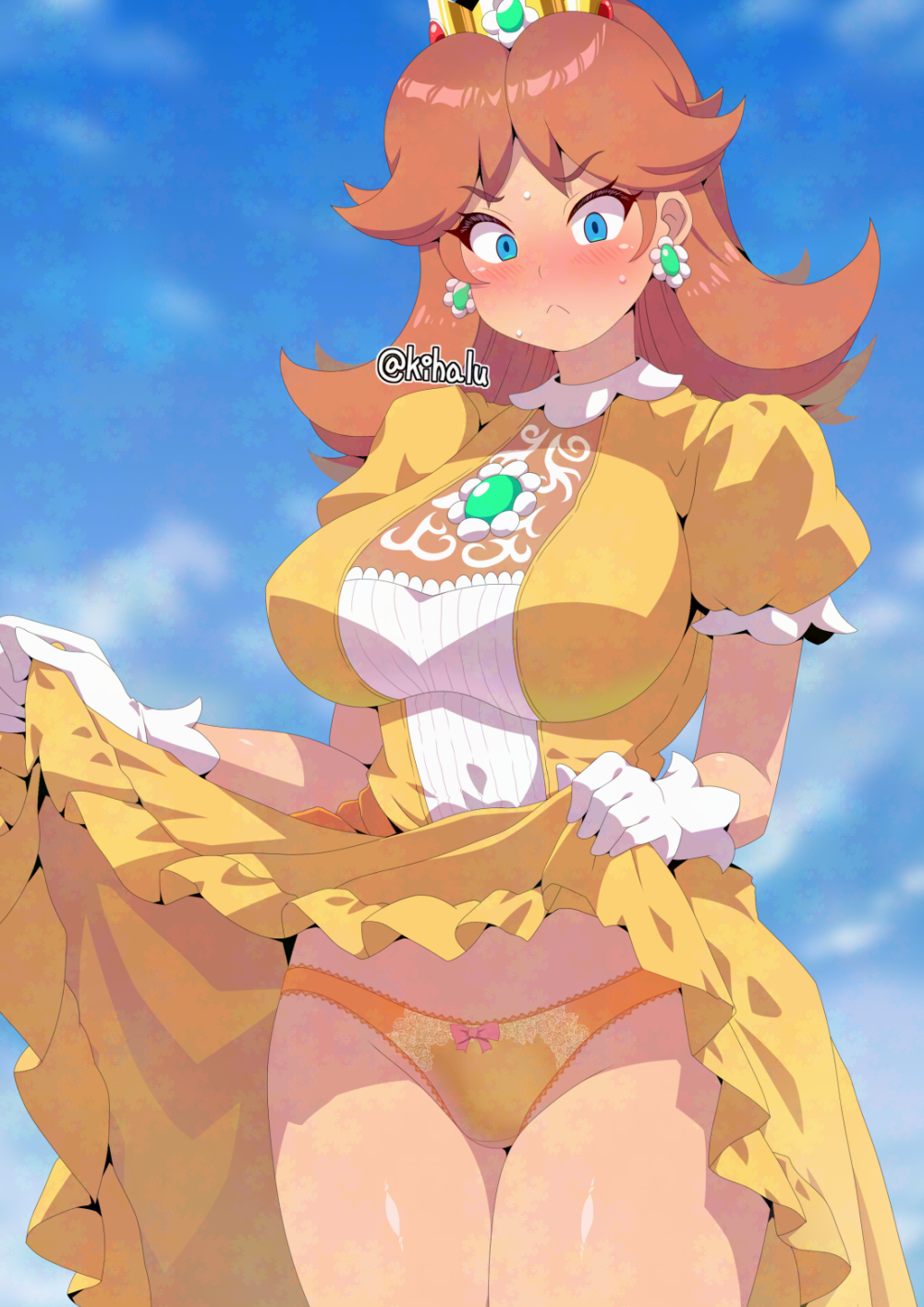 angry assisted_exposure blue_background blue_eyes blush breasts brown_hair constricted_pupils crown dress earrings female female_focus highres jewelry kihaiu large_breasts long_hair mario_(series) nintendo nipples nose_blush oerba_yun_fang open_mouth panties princess_daisy puffy_short_sleeves puffy_sleeves short_sleeves solo thighs tongue torn_clothes underwear upskirt yellow_dress yellow_panties