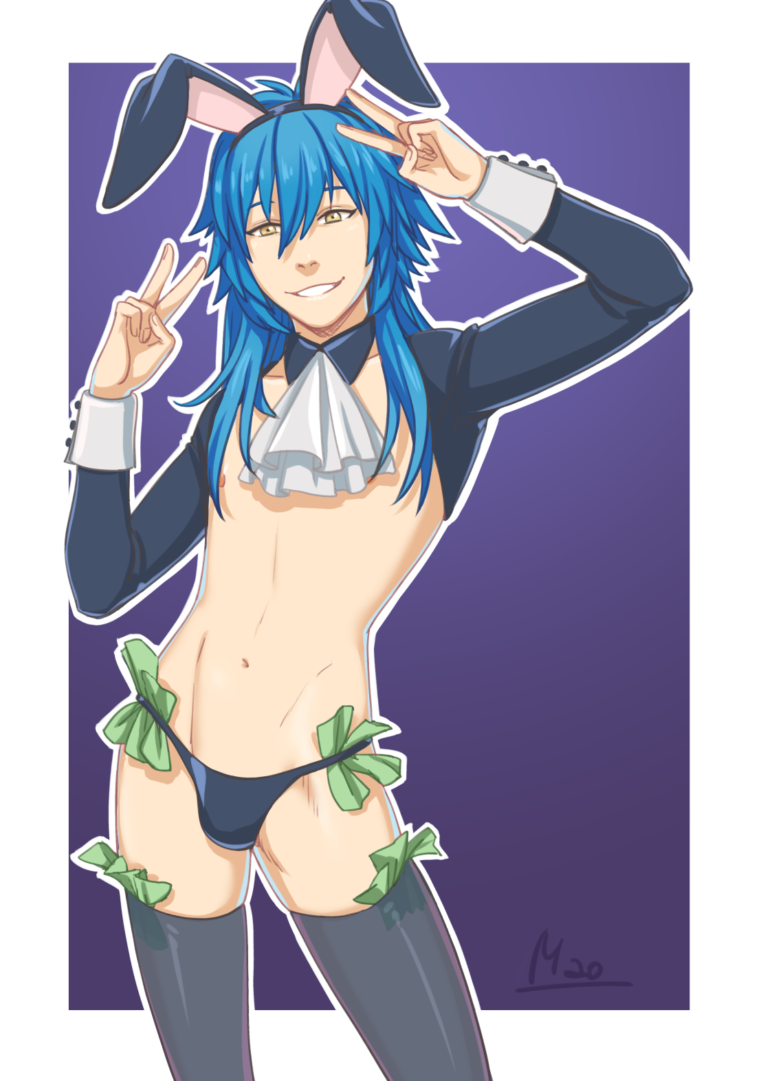 1boy, aoba seragaki, bolero, bunnysuit, dramatical murder, femboy, latex, male, mao di, money, money in thighhigh, money in thong, money in underwear, money under clothes, reverse bunnysuit, seragaki aoba, solo, tagme, thighhighs, thong, tight clothing