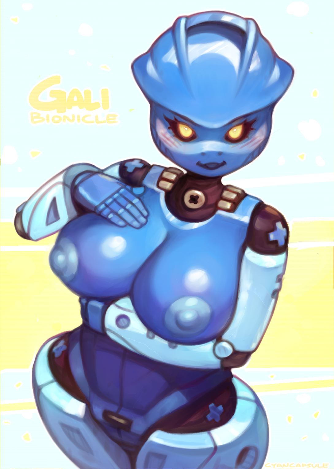 1girls, anthro, areolae, artist signature, big breasts, bionicle, blush, breasts, cleavage, cyancapsule, female, female only, gali, gali nuva, large breasts, lego, looking at viewer, nipples, no source, solo