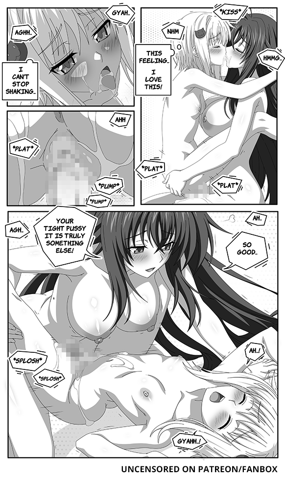 2girls, ass, blue-senpai, blush, bouncing breasts, breasts, censored, closed eyes, comic, cum, cum in pussy, english text, female, from side, futa on female, futa with female, futanari, greyscale, half-closed eyes, high school dxd, intersex, koneko toujou, large breasts, long hair, looking at viewer, monochrome, mosaic censoring, nipples, nude, on stomach, oral, penis, pussy, rias gremory, sex, small breasts, straight, tongue, tongue out, vaginal penetration