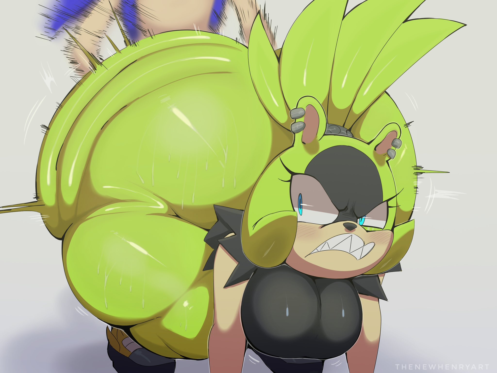 1boy, 1girls, angry, anthro, ass, backshots, big ass, big breasts, bottom heavy, breasts, doggy style, ear piercing, female, front view, green body, green fur, huge ass, idw publishing, large ass, male, massive ass, sega, sex, sex from behind, sonic (series), sonic the hedgehog, sonic the hedgehog (comics), sonic the hedgehog (idw), sonic the hedgehog (series), surge the tenrec, thenewhenryart, thrusting, thrusting into ass, watermark