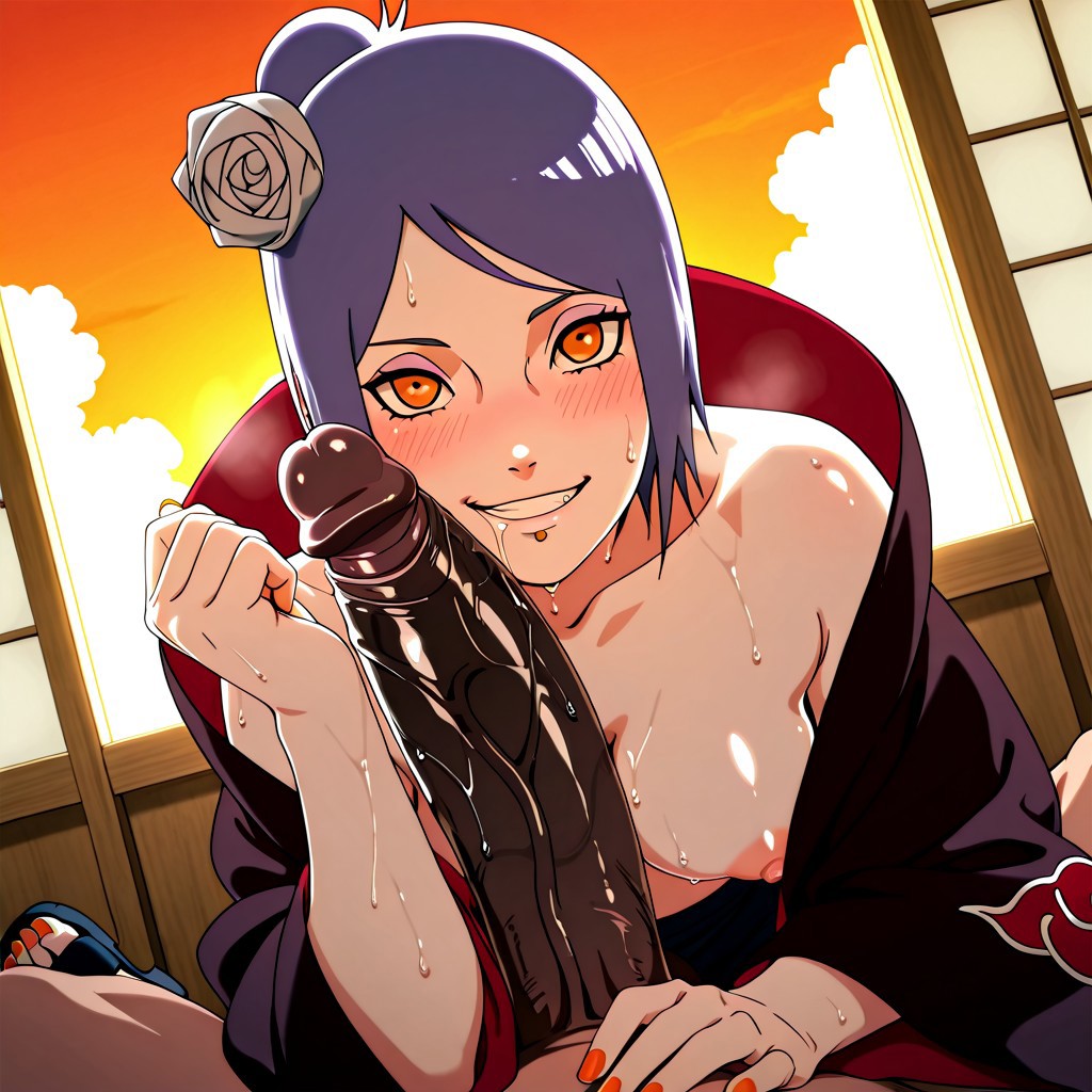 ai generated, akatsuki (naruto), akaz123, blue eyes, breasts, brown eyes, brown penis, dark skin, dark-skinned male, drooling, female, forearm cock, horny female, imminent fellatio, imminent oral, interracial, konan, large penis, lip piercing, looking at viewer, male, medium breasts, naruto, naruto (series), naruto shippuden, penis, penis awe, pov, seductive eyes, seductive look, seductive smile, short hair, steaming body, sweating, thick penis, veiny penis