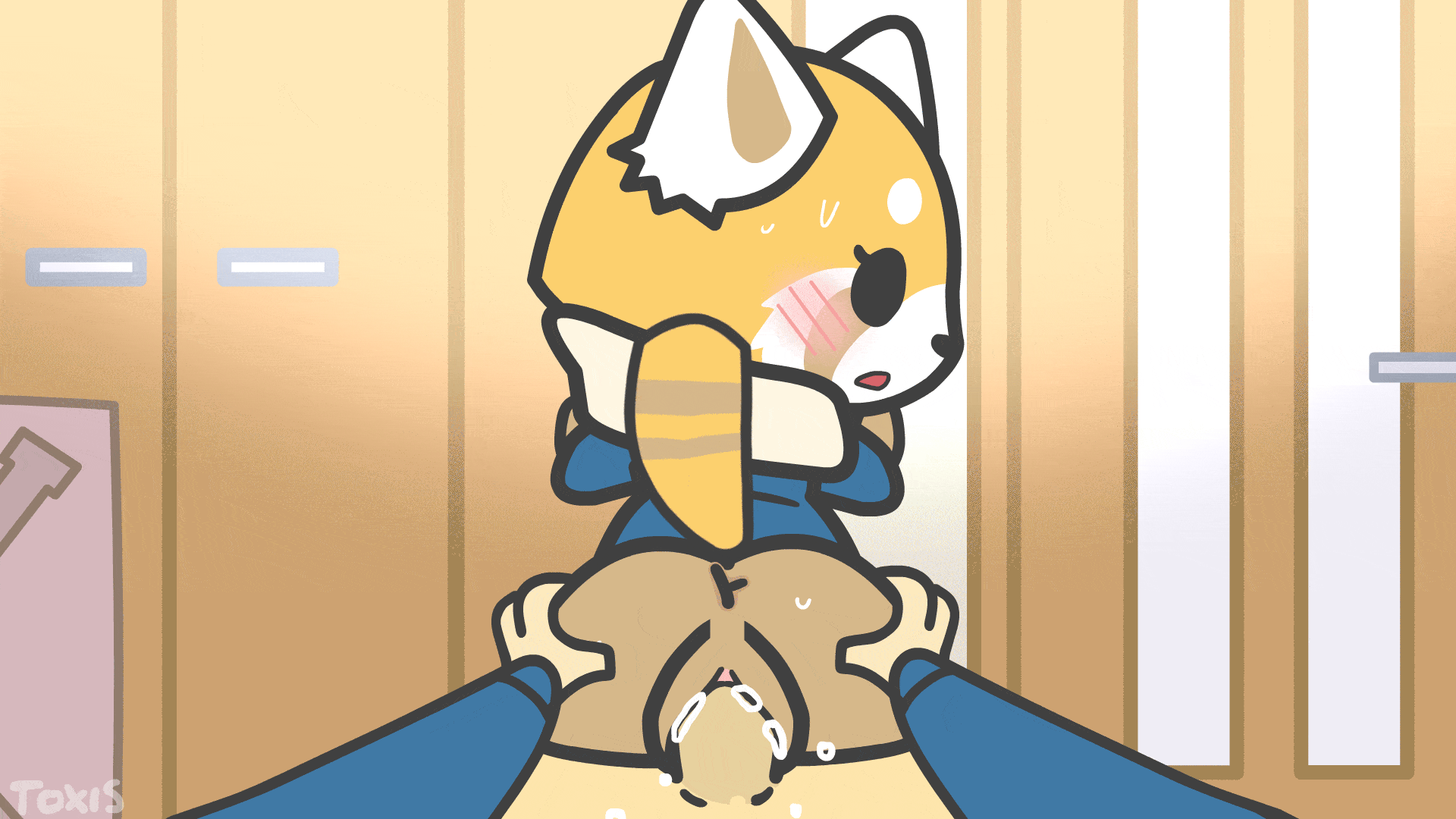 aggressive retsuko, aggretsuko, animated, animated gif, anus, ass, blush lines, blushing, bouncing ass, bouncing butt, coat, female, first person view, from behind position, fucking, genital fluids, looking at viewer, looking back, pov, pussy, retsuko, scarf, toxis, vaginal penetration, vaginal sex