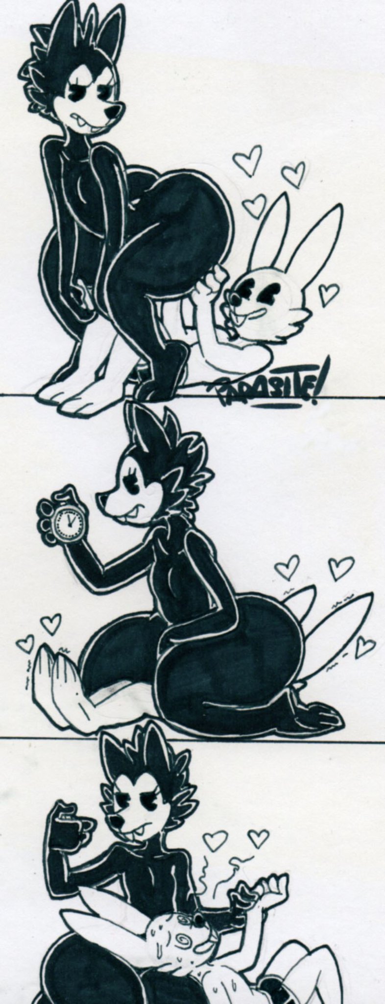 anthro, ass, big ass, big butt, bodily fluids, buckteeth, bulge, canid, canine, canis, clock, clothing, dizzy, dizzy eyes, duo, eyelashes, facesitting, fangs, femboy, heart symbol, hi res, huge ass, huge butt, imminent facesitting, lagomorph, leporid, long ears, lying, male, male/male, mammal, on back, parasitedeath, predator/prey, rabbit, rabbit (parasitedeath), sitting on another, smile, stopwatch, sweat, teeth, traditional media (artwork), underwear, wide hips, wolf, wolf (parasitedeath)