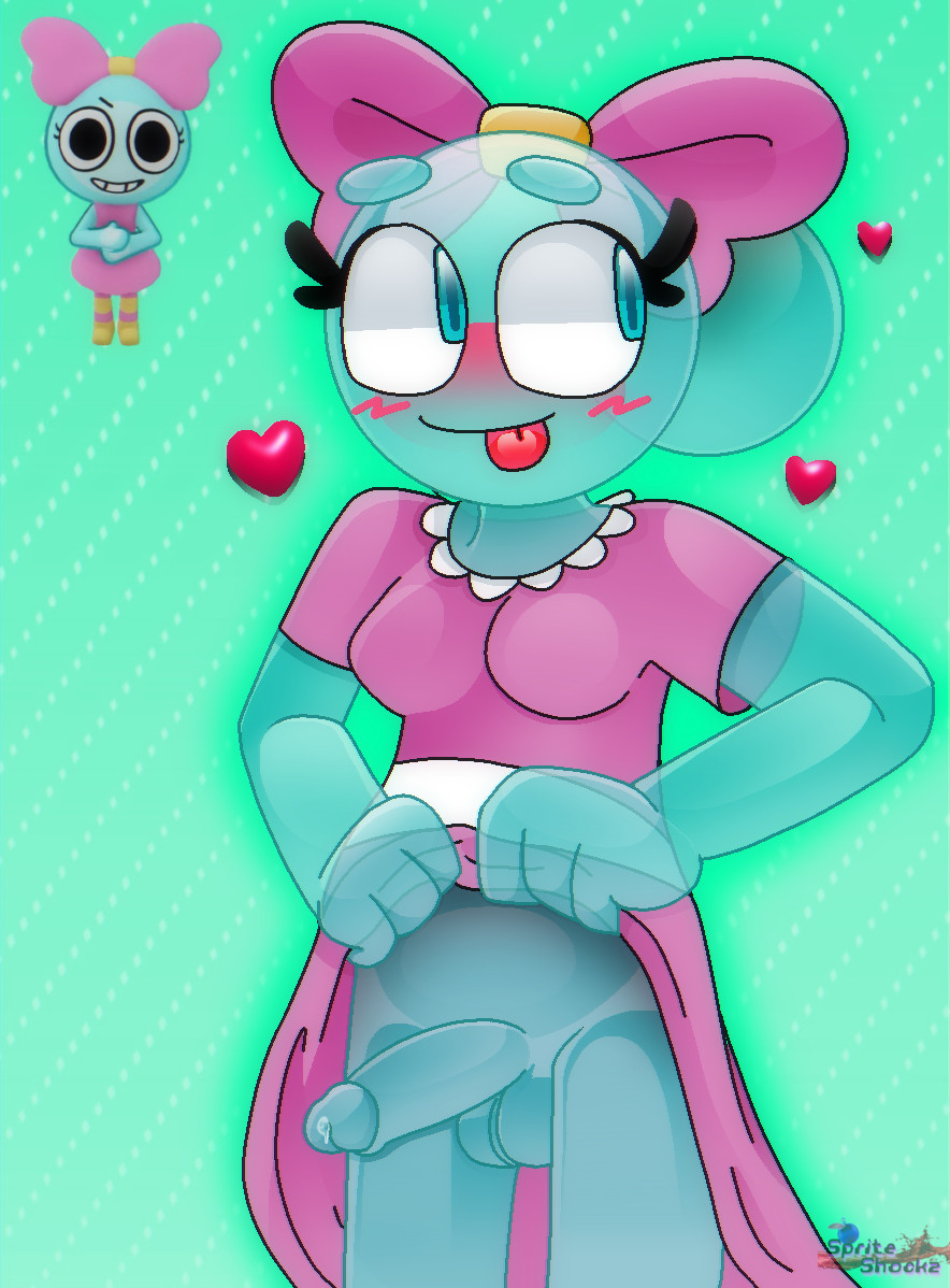 balls, blush, breasts, clear body, cyan eyes, dandy's world, dick, dickgirl, dickgirl only, female, futa only, futanari, head bow, heart, intersex, lifting skirt, light blue body, penis, poppy (dandy's world), precum, silly face, tongue, tongue out, trans woman, wearing dress