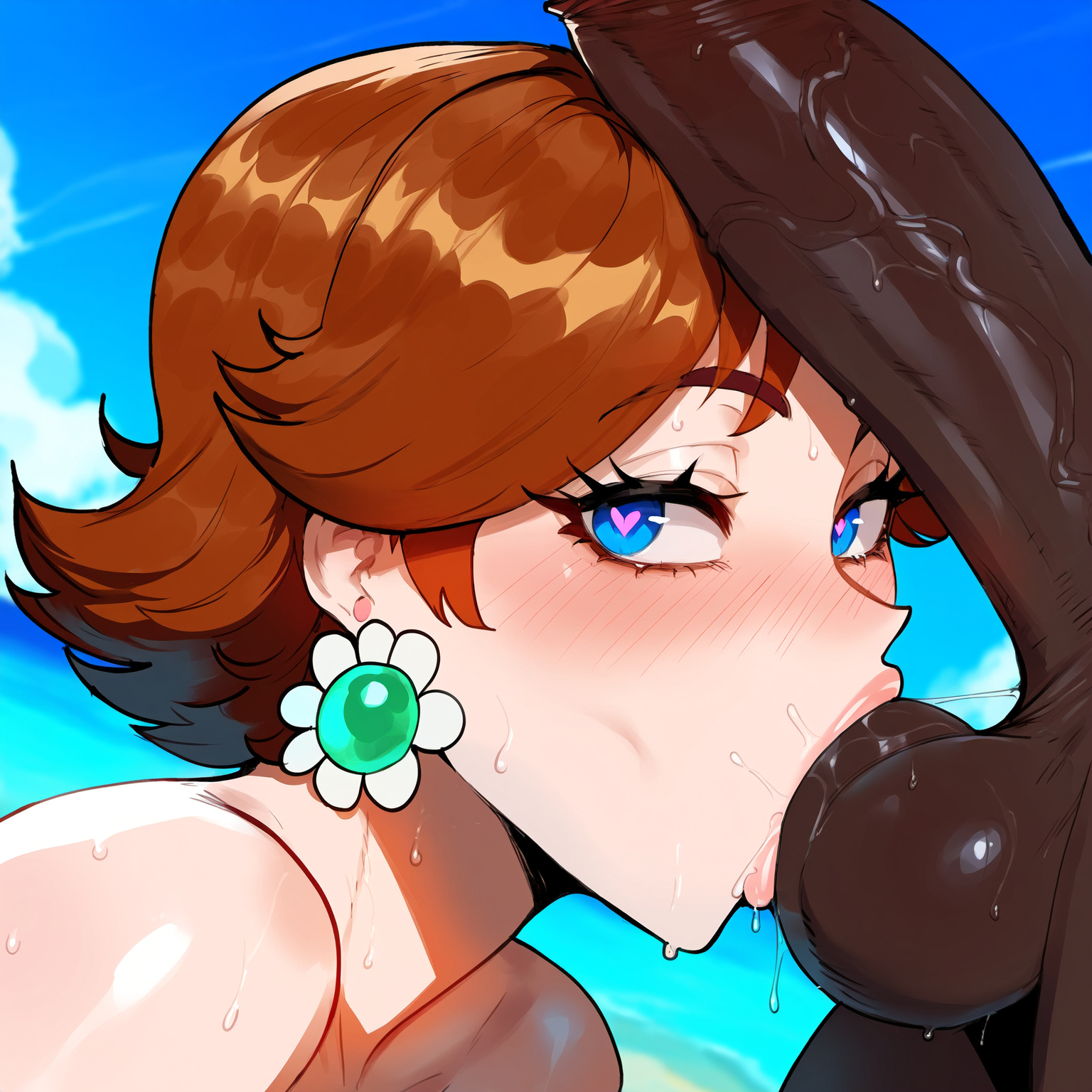 1boy, 1girls, ai generated, ass, balls, big breasts, bikini, bimbo, blue eyes, breasts, brown hair, cock worship, dark skin, dark-skinned male, female, female focus, hips, huge ass, huge breasts, huge cock, interracial, juuicyai, large breasts, light skin, light-skinned female, looking pleasured, male, mario (series), penis, princess, princess daisy, sucking balls, thick thighs, thighs, wide hips