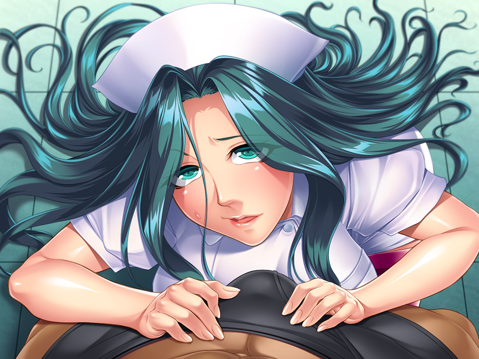 1boy aqua_hair breasts female female large_breasts lilith-soft long_hair makishima_ayame shiny shiny_skin straight sweat taimanin_(series) taimanin_asagi_battle_arena taimanin_kurenai zol