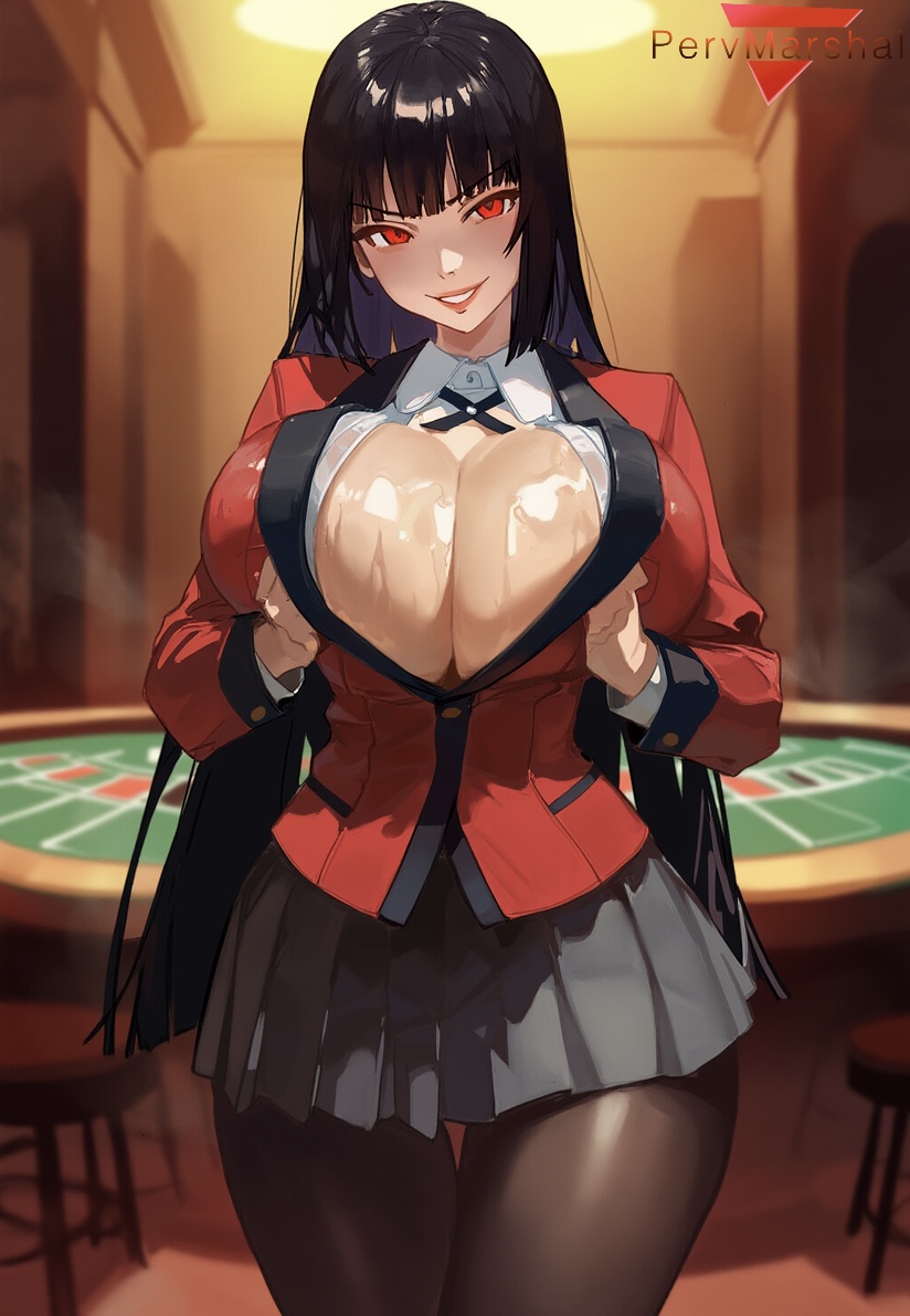 1girls, ai generated, cleavage, evil smile, female, female only, jabami yumeko, kakegurui, marshalperv, pervmarshal, school uniform, shiny skin, wide hips