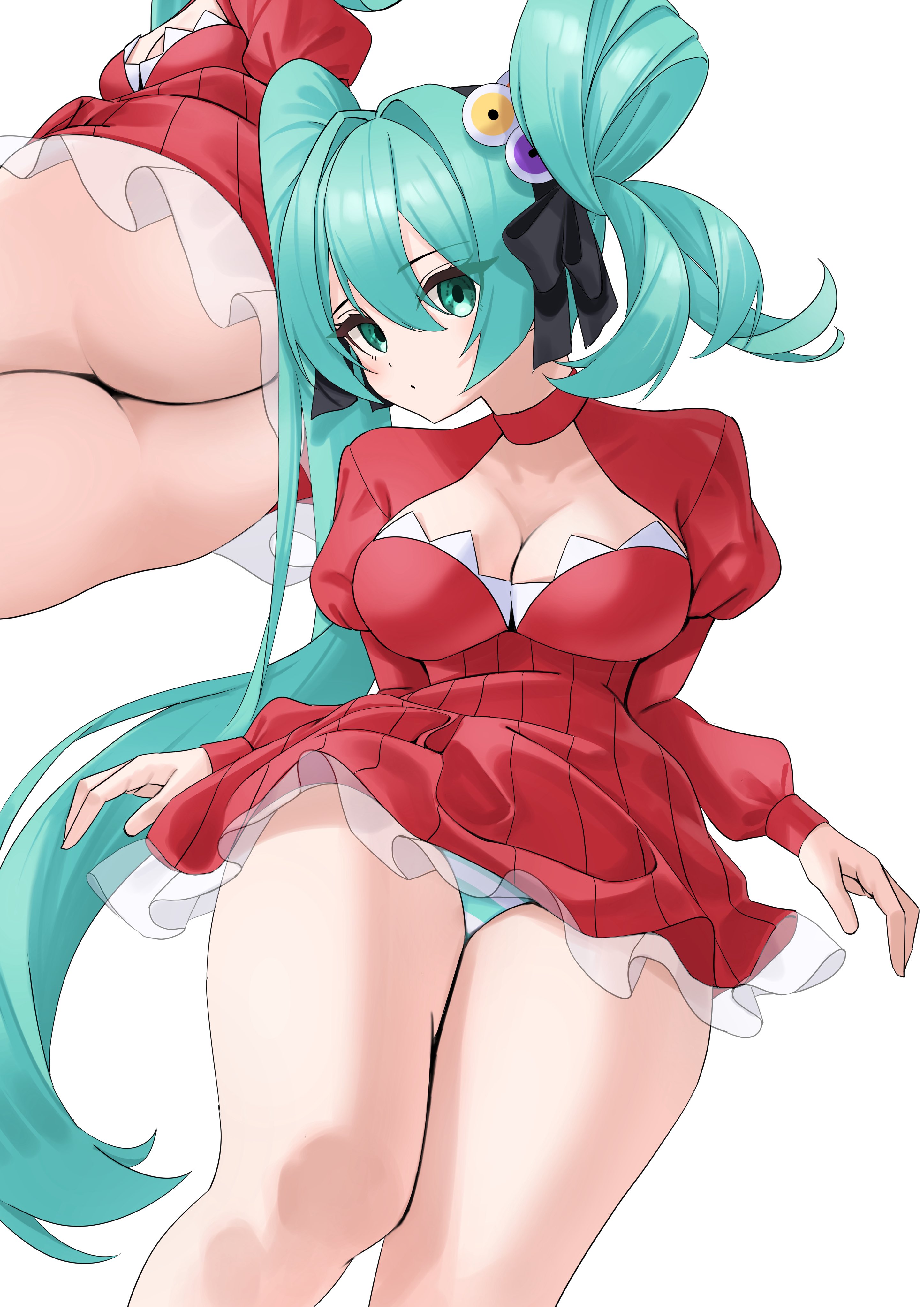 1girl, alternate hairstyle, aqua eyes, aqua hair, aqua panties, ass, ass focus, bangs, beccyonaika, black ribbon, breasts, choker, cleavage, clothing cutout, collarbone, curvy, dot mouth, dress, expressionless, female, hair between eyes, hair ornament, hair ribbon, hatsune miku, huge ass, huge breasts, juliet sleeves, large breasts, long hair, long sleeves, looking at viewer, medium breasts, multiple views, panties, puffy sleeves, red dress, ribbon, short dress, simple background, striped, striped panties, thick thighs, thighs, twintails, underwear, very long hair, vocaloid, voluptuous, white background, wide hips