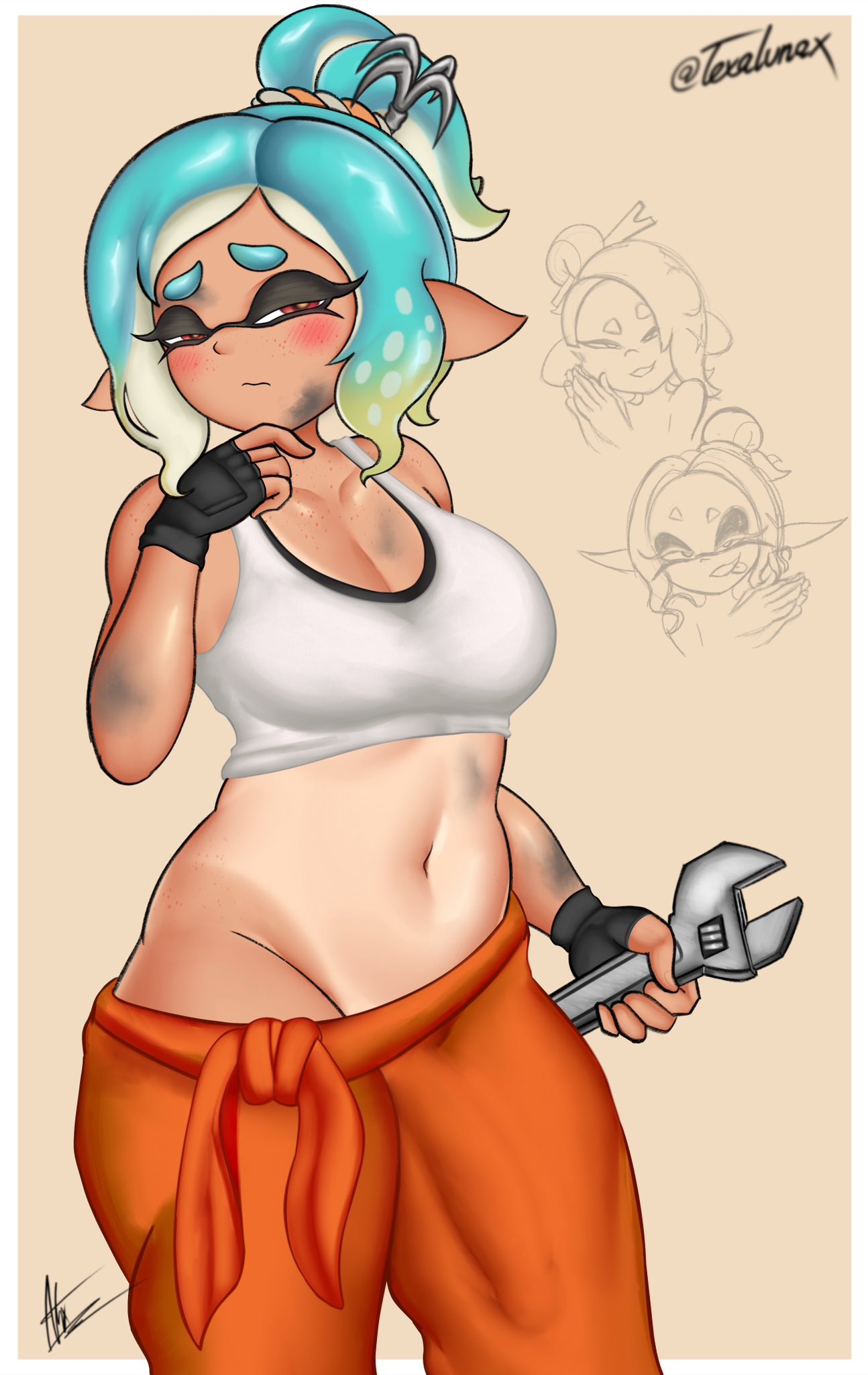 1futa, 2girls, artist signature, blush, blushing, breasts, dick print, erection under clothes, female, female focus, frye (splatoon raiders), frye (splatoon), frye onaga, futanari, humanoid, humanoid penis, inkling, inkling girl, intersex, light skin, light-skinned female, mechanic (splatoon raiders), nintendo, nsfwtalex, nude, octoling, penis, shiver (splatoon raiders), shiver (splatoon), shiver hohojiro, splatoon, splatoon (series), splatoon raiders, standing, sweater around waist, tan, tank top, tanline, telaxart, texalunax, twitter link, waist