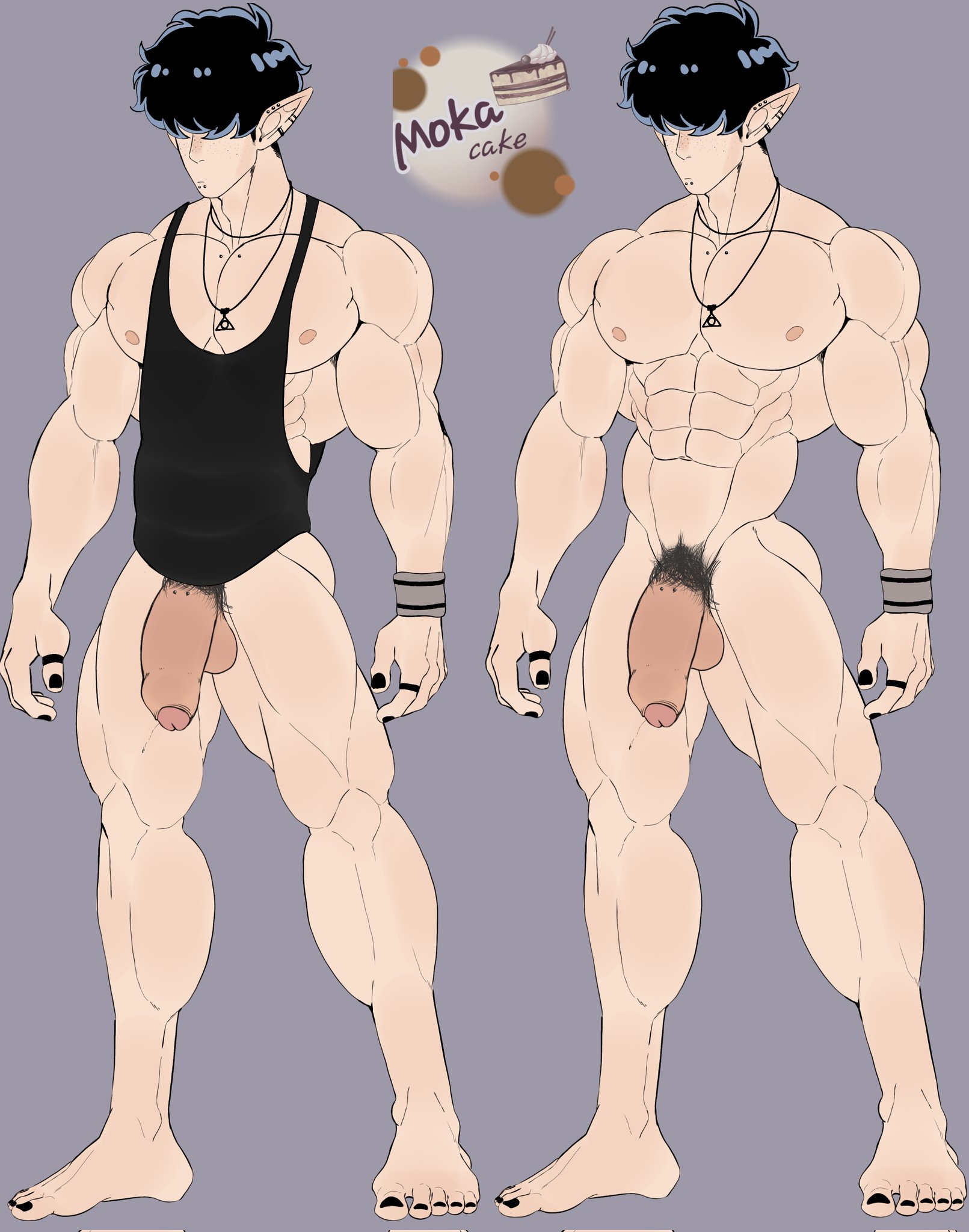 black body, elf male, male, mokacake, muscular, tank top
