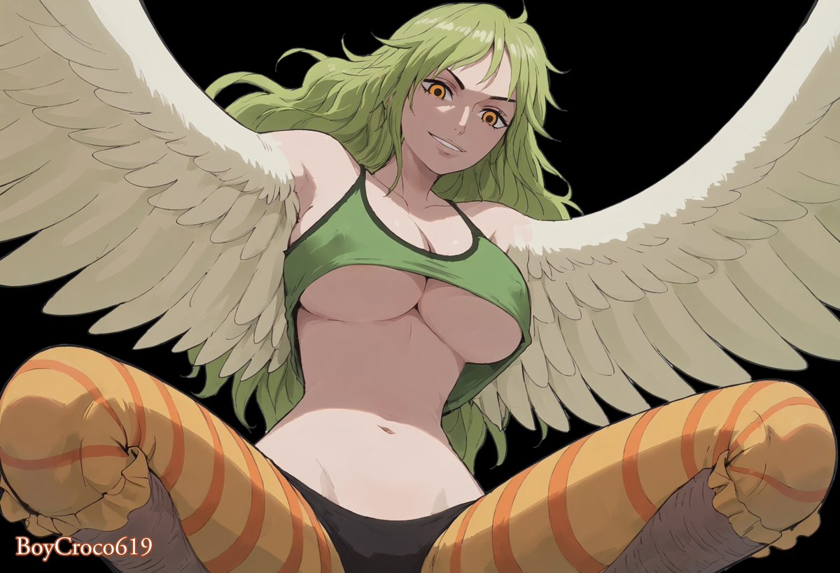 1girls, ai generated, big breasts, bird, bird feet, boycroco619, breasts, clothing, female, female only, green hair, green-haired female, light skin, light-skinned female, monet (one piece), not real art, one piece, orange eyes, pale skin, pale-skinned female, punk hazard, tank, tank top, wings