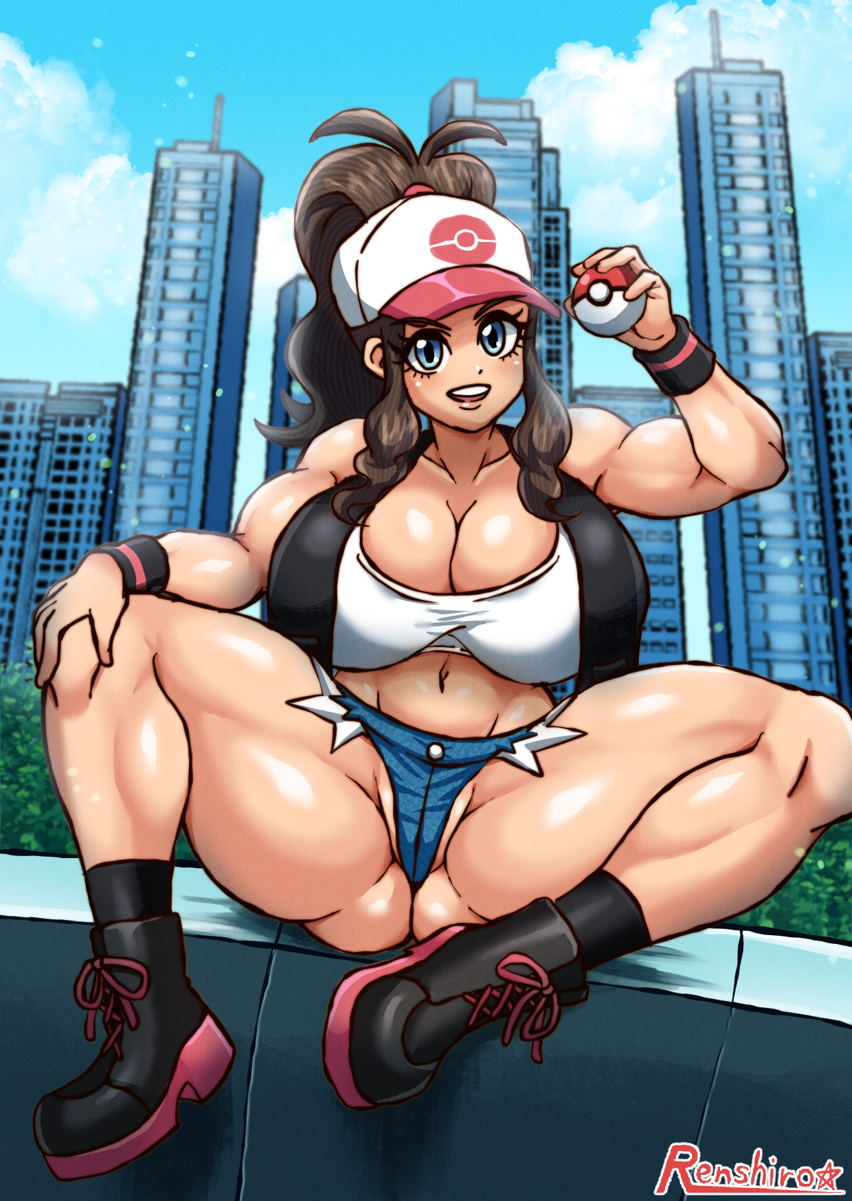 1girls, ass, big ass, breasts, brown hair, busty, cleavage, female, front view, game freak, happy, hat, hilda (pokemon), huge breasts, light skin, light-skinned female, looking at viewer, muscular, muscular female, nintendo, open mouth, pokemon, pokemon bw, ponytail, r0771, renshirou, renzaburo0771, short shorts, shorts, sitting, smile, spread legs, thick thighs, upper teeth, voluptuous