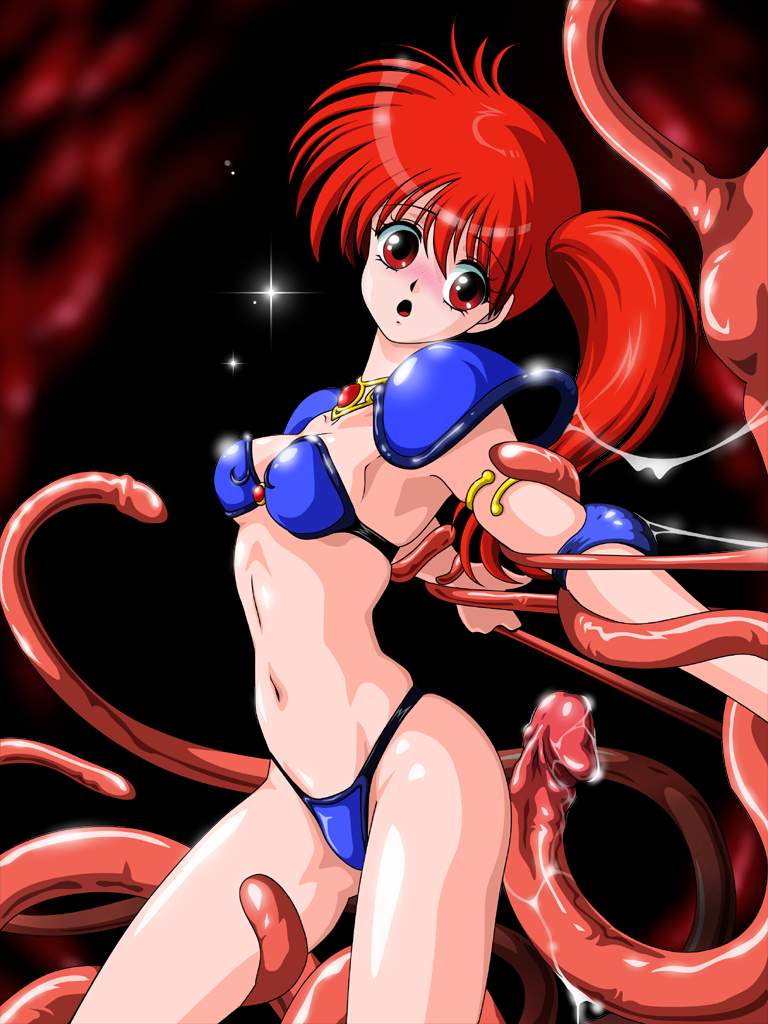 1girls asagiri_youko bikini_armor breasts female genmu_senki_leda human kuninin light-skinned_female light_skin long_hair ponytail red_hair tentacle