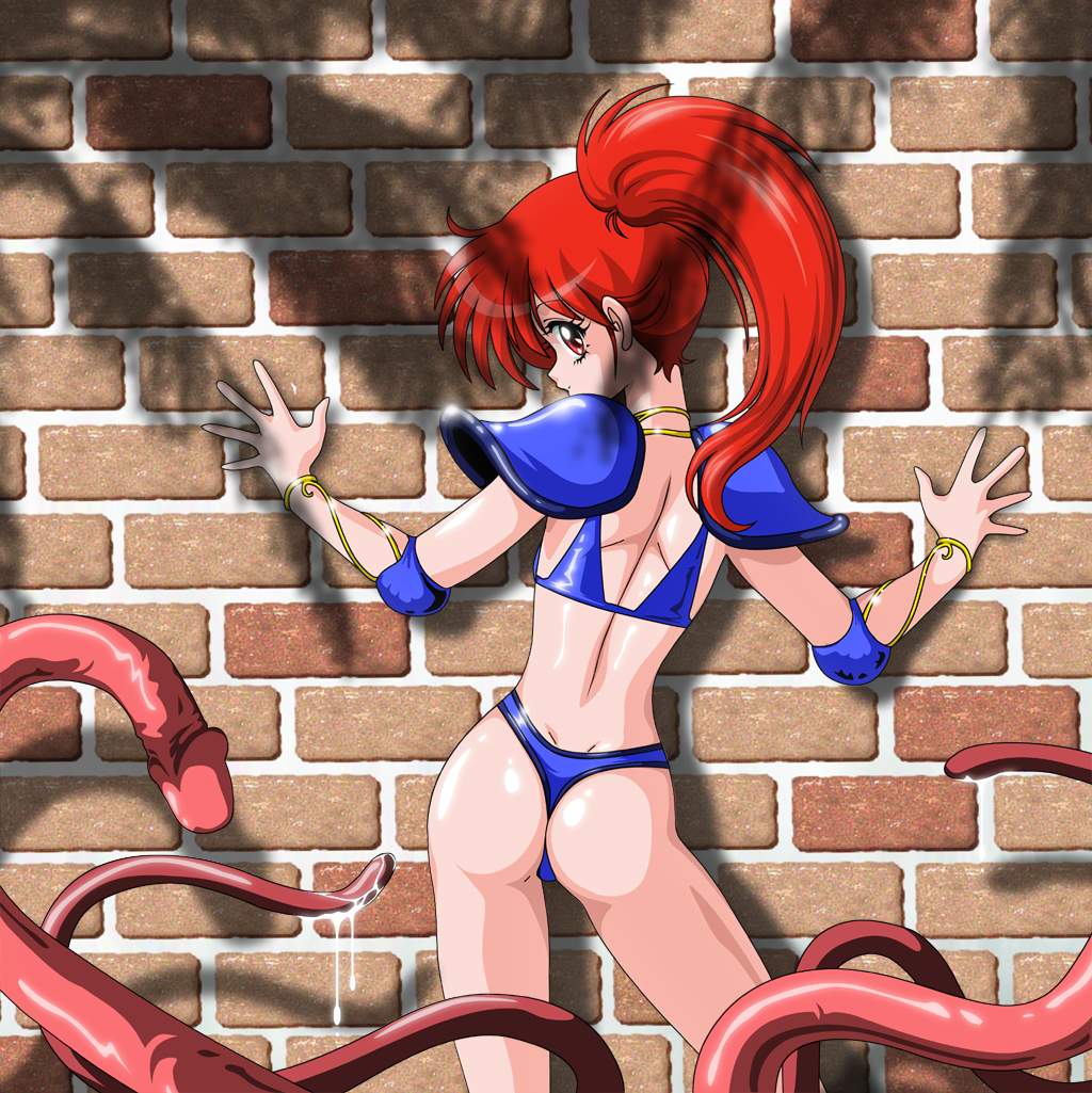 1girls asagiri_youko ass bikini_armor breasts female genmu_senki_leda human kuninin light-skinned_female light_skin long_hair ponytail red_hair tentacle