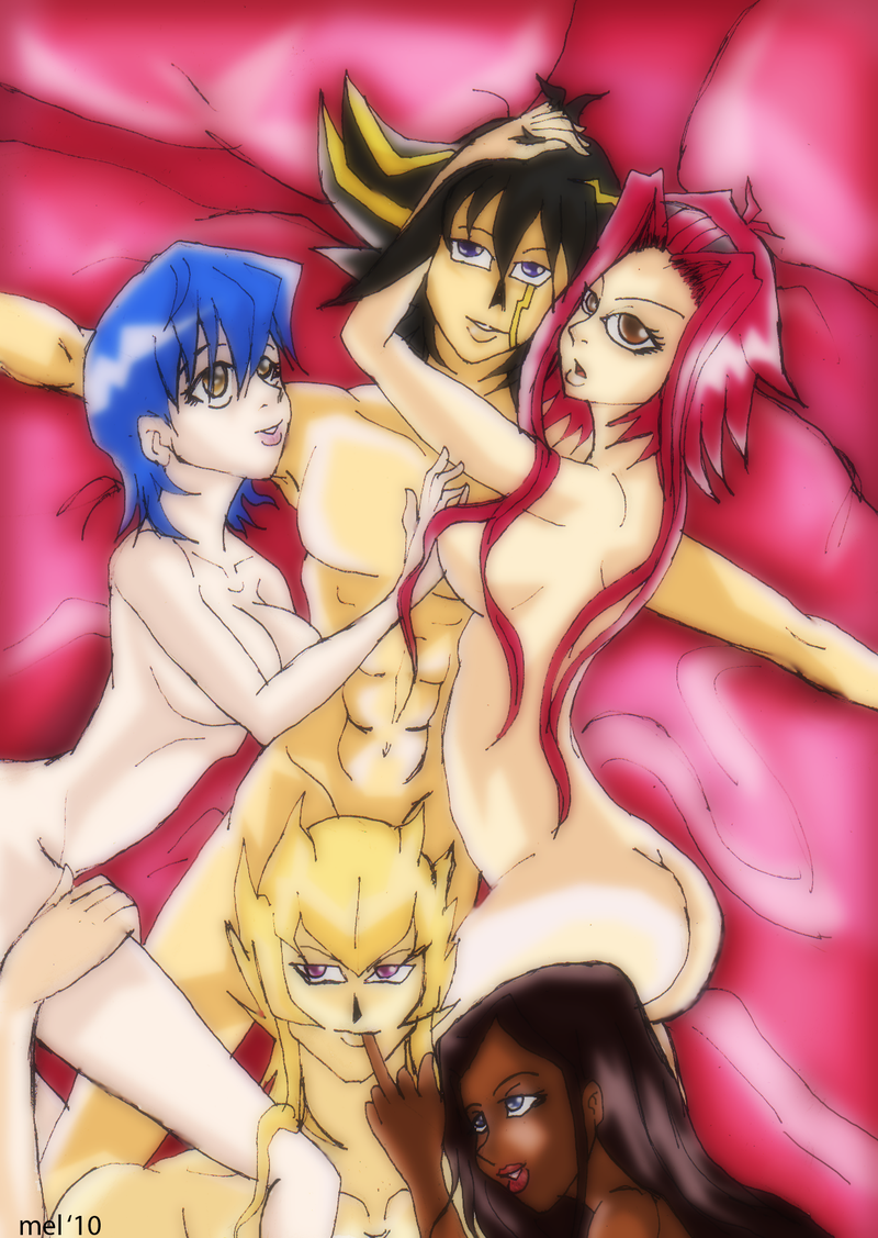 2boys 3girls abs akiza_izinski armpits breasts_on_chest cuddling female human izayoi_aki jack_atlas male mina_simington muscle muscle_worship muscles nippleless_male nude orgy pecs romantic straight swingers yu-gi-oh! yu-gi-oh!_5d's yusei_fudo