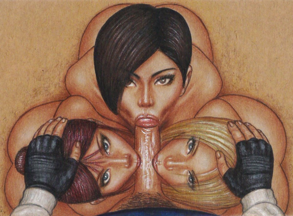 1boy, 3girls, ada wong, annette birkin, asian, asian female, biohazard, black gloves, blowjob, chinese, claire redfield, female, fingerless gloves, gloves, hand on head, leon scott kennedy, light skin, light-skinned female, light-skinned male, male, penis, resident evil, resident evil 2, sex, sucking penis, teamwork, white female, white male