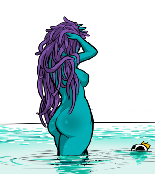 1girls adventure_time arms_up ass blue_skin breasts cartoon_network crown fangdangler jungle_princess long_hair nude nude_female partially_submerged purple_hair sideboob simple_background skull solo viewed_from_behind wading water white_background