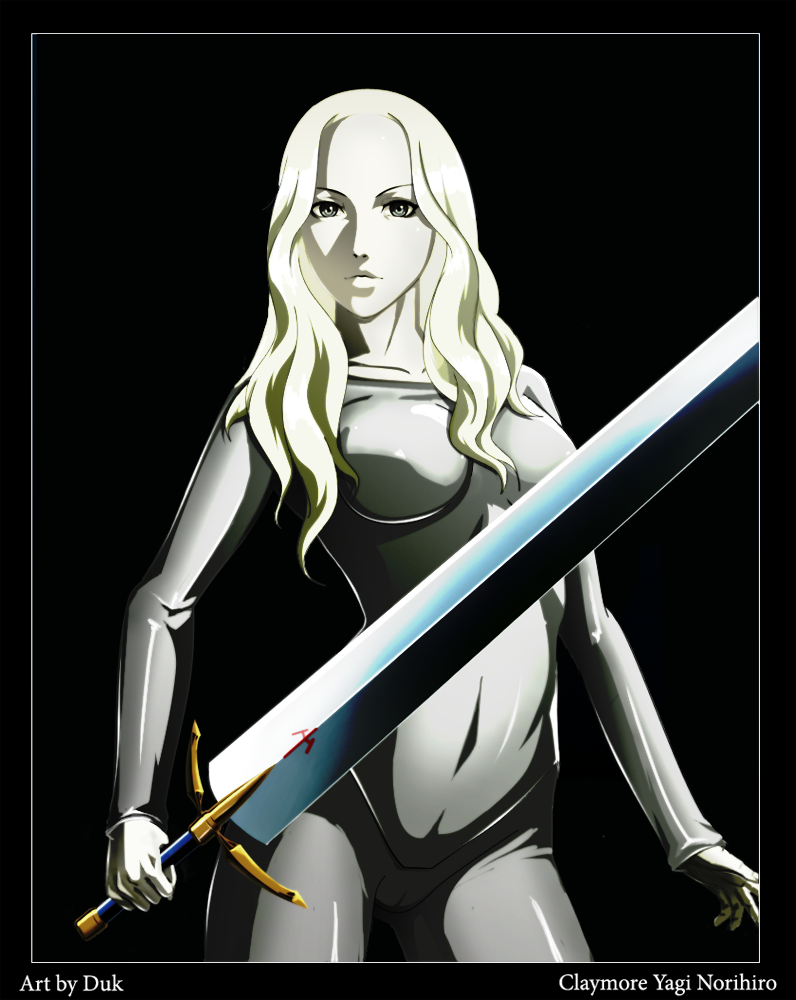 blonde_hair bodysuit breasts claymore clothing female looking_at_viewer pale-skinned_female pale_skin sword teresa_(claymore) wavy_hair