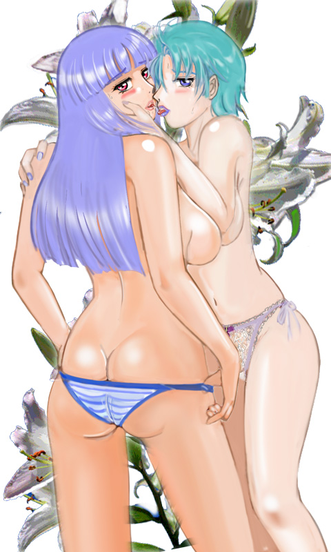 2011 2girls ass ass_cleavage blush breasts butt_crack duo female four_murasame green_hair gundam gundam_zz human kiss large_breasts light-skinned_female light_skin long_hair momio_(judoroux) multiple_girls nipples panties posterior_cleavage purple_hair roux_louka short_hair side_ponytail yuri zeta_gundam