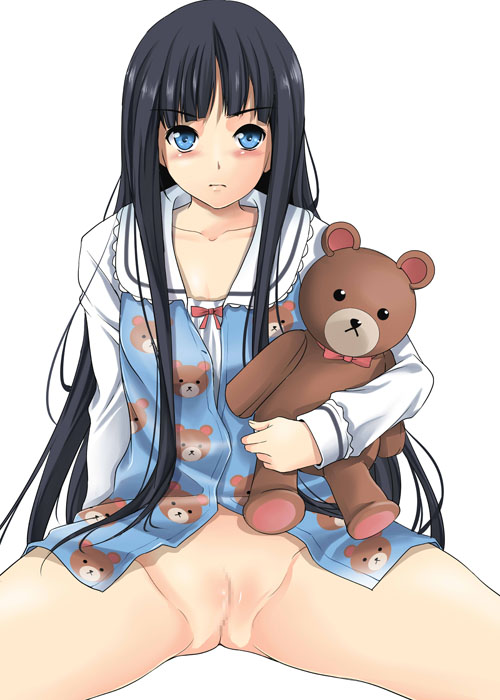 black_hair blue_eyes blush bottomless breasts censored color female female_only kamisama_no_memo_chou long_hair no_panties open_eyes pussy rilakkuma rilakkuma_(series) san-x simple_background sitting small_breasts solo spread_legs teddy_bear white_background yuuko_shionji