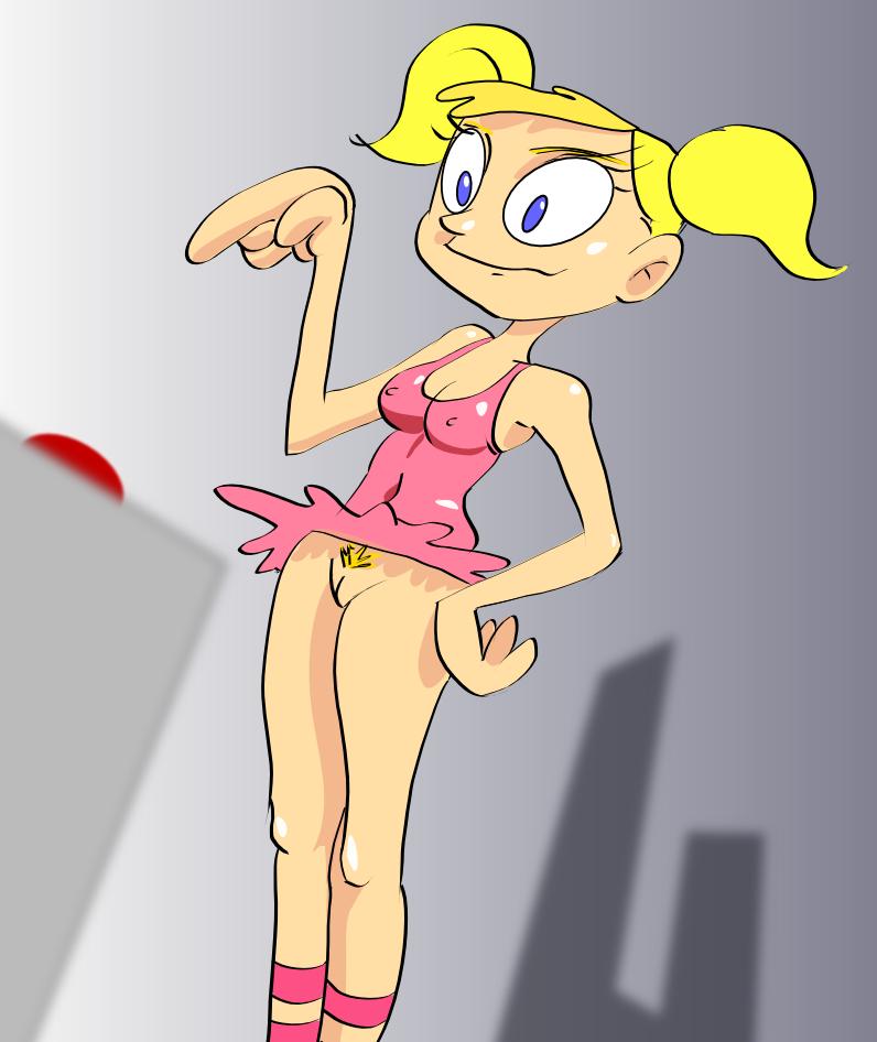 2011 4_fingers big_head blonde_hair blue_eyes bottomless breasts cartoon_network dee_dee_(dexter's_laboratory) dexter's_laboratory dress erect_nipples female female_only huge_eyes human indoors pale_skin pigtails pointing pubic_hair pussy shoes smiling solo standing tagme toony