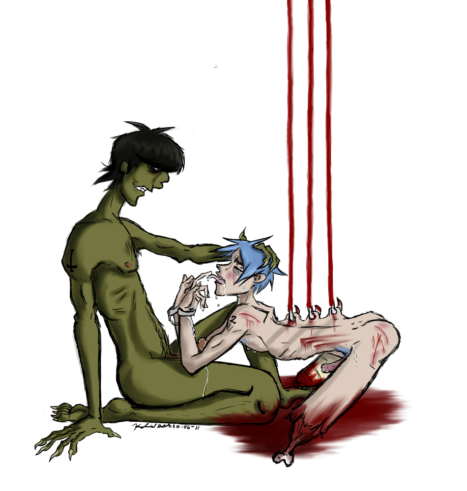 2boys 2d_(gorillaz) abuse amputated_leg amputated_legs amputation amputee arm_tattoo artist_request ass bad_anatomy black_hair black_pubic_hair blood blue_hair blue_pubic_hair bone cum_on_hand drool erect_penis gore gorillaz guro handcuffed handcuffs hooks leg_stump licking_cum licking_finger male male/male male_only male_ryona murdoc_niccals musician mutilation nude nudity painful penis pubic_hair skin_hooks source_request torture upside_down_cross what yaoi