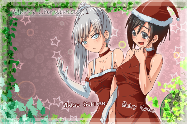 artist_request blue_eyes blush christmas christmas_lingerie christmas_outfit lingerie red_hair ruby_rose rwby silver_eyes weiss_schnee white_hair