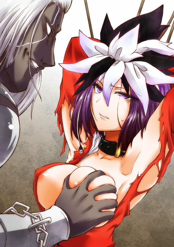 1boy amane_kuzuryu beldr bondage bound breast_grab breasts chains clothing devil_survivor grabbing imminent_rape kuzuryuu_amane large_breasts megami_ibunroku_devil_survivor megami_tensei purple_hair rope segami_daisuke