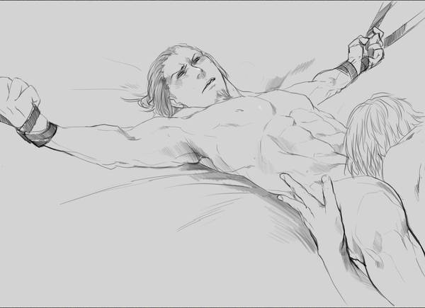 2boys angry_face arms_tied bondage credo dante devil_may_cry fellatio forced_yaoi gay goatee hand_on_hip male male_focus male_only muscles muscular naked nude on_back on_bed oral oral_sex pencil_(artwork) rape reverse_forced_oral sex sketch yaoi