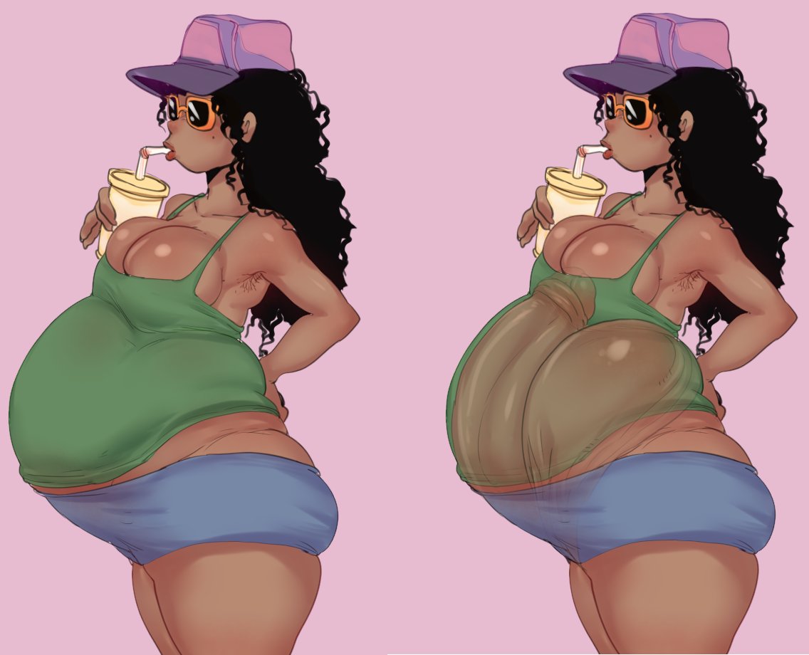 1futa, 2022, armpit hair, armpits, balls, big breasts, black hair, breasts, cleavage, clothed, clothing, curly hair, dark skin, drinking, erection, foreskin, fully clothed, fully retracted foreskin, futa only, futanari, gigantic balls, gigantic penis, gigantic testicles, hat, hidden penis, hiding erection, huge cock, human, intersex, large penis, long hair, original, penis, pregnant, raizengax, retracted foreskin, short shorts, shorts, side view, solo, standing, sunglasses, testicles, uncircumcised, uncut, x-ray