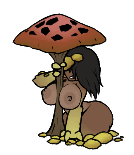 anthro between_breasts black_hair breasts claws completely_nude cowboy_shot dark-skinned_female dark_nipples dark_skin darkest_dungeon female hair_over_eyes holding holding_mushroom large_breasts medium_hair monster_girl mushroom mushroom_girl nipples nude solo transparent_background uncensored xelsword