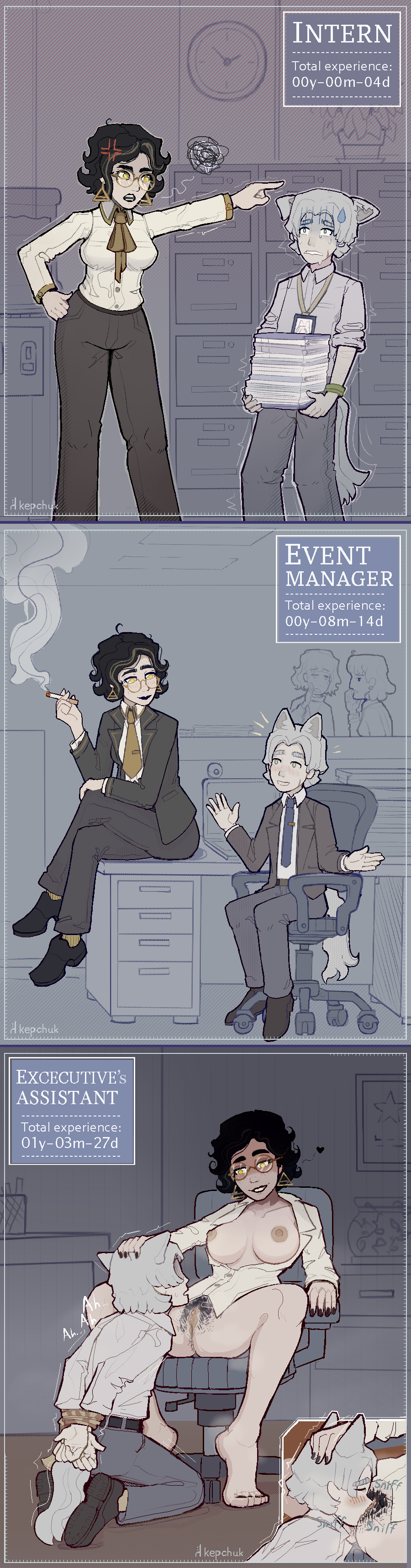 1boy 1girls black_hair black_lipstick black_nails breasts breasts_out comic cunnilingus dog_ears dog_tail dominant dominant_female female femboy glasses green_eyes kepchuk kneeling male miranda_abyss(kepchuk) office_chair office_clothing office_lady pixel_art pubic_hair pussy romantic_couple screaming shephard(kepchuk) simple_background sitting sniffing spread_legs submissive submissive_male text tie tied_up time_skip white_hair yellow_eyes