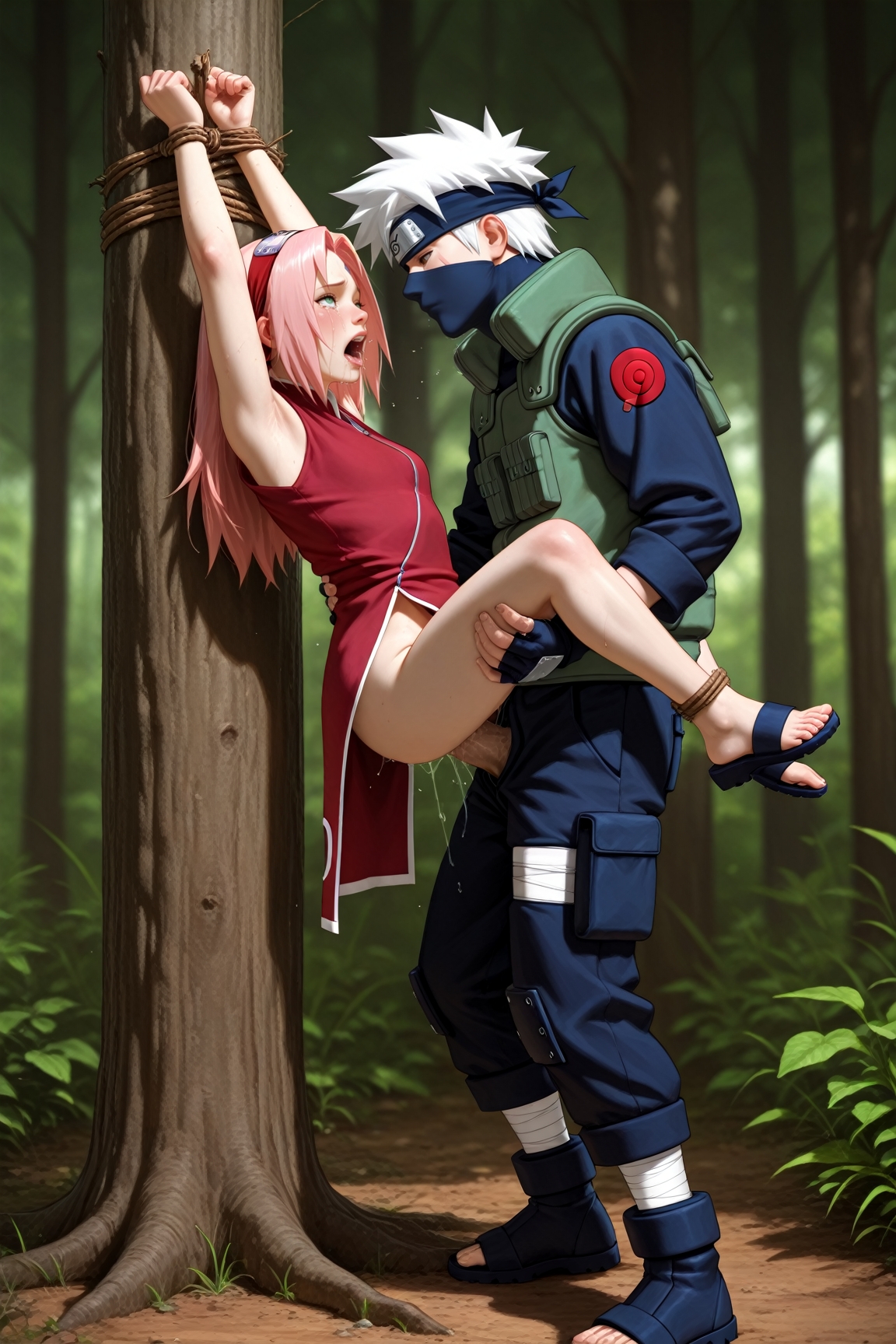 ai generated, bound arms, crying, crying with eyes open, cum, female, forest, hatake kakashi, naruto, naruto (series), pussy, raped, sakura haruno, sex, tears, tied to tree, vaginal penetration, vaginal sex