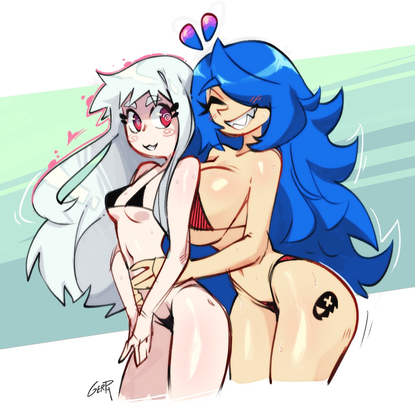alien, big breasts, bikini, black bikini, blue hair, breasts, breasts against back, closed eyes, female, female only, gerph, light-skinned female, long hair, red bikini, red eyes, skarp world, skarpne (skarp world), small breasts, white hair, witch, witchly (skarpworld)