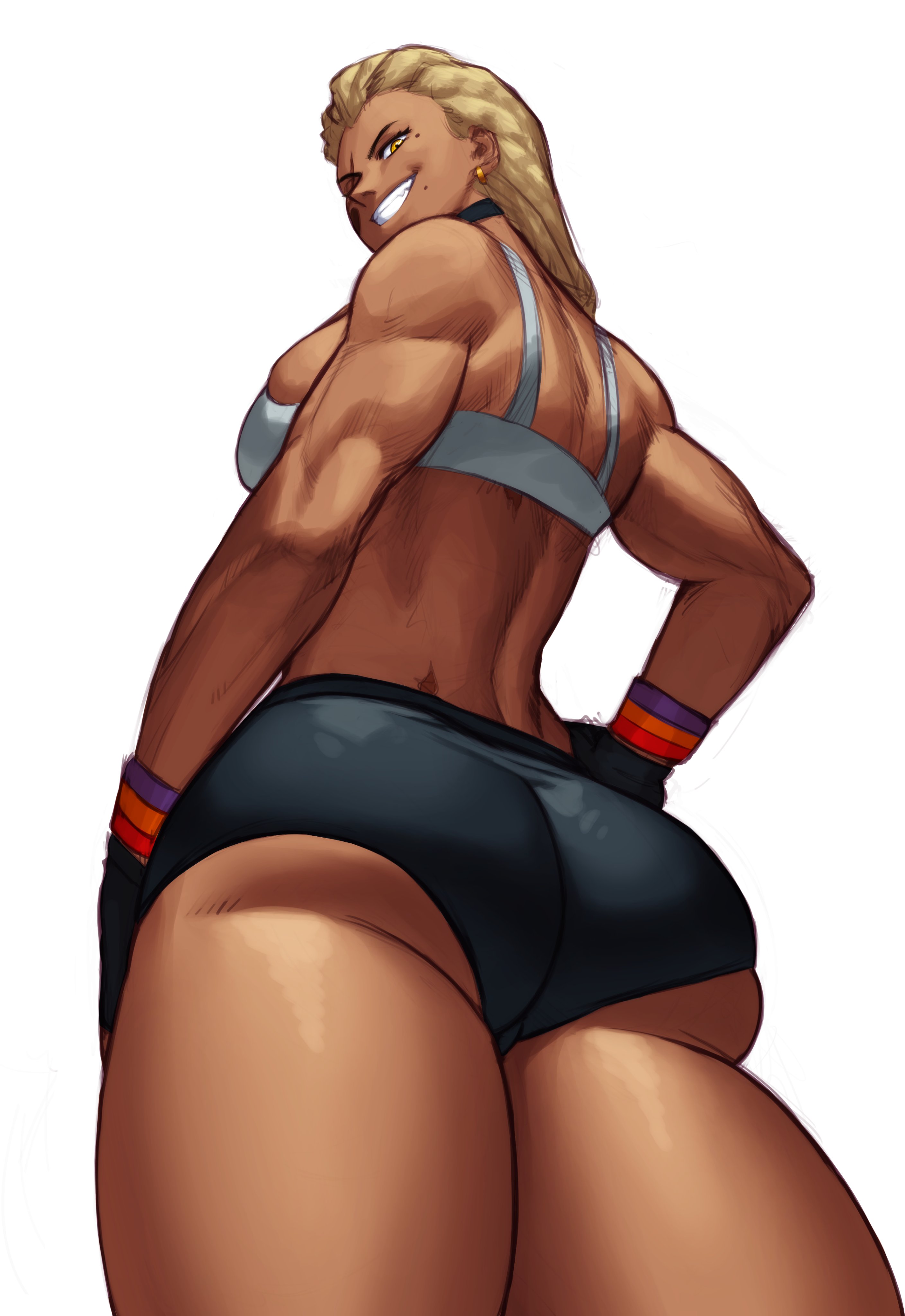 1girls, 2022, absurd res, ass, blonde hair, dark skin, dark-skinned female, female, female only, grin, grinning at viewer, looking at viewer, looking back, looking back at viewer, malice firesday, muscular, muscular female, rear view, smiling, smiling at viewer, solo, sotcho, sportswear, thick thighs, underbutt, viewed from below, white background, yellow eyes