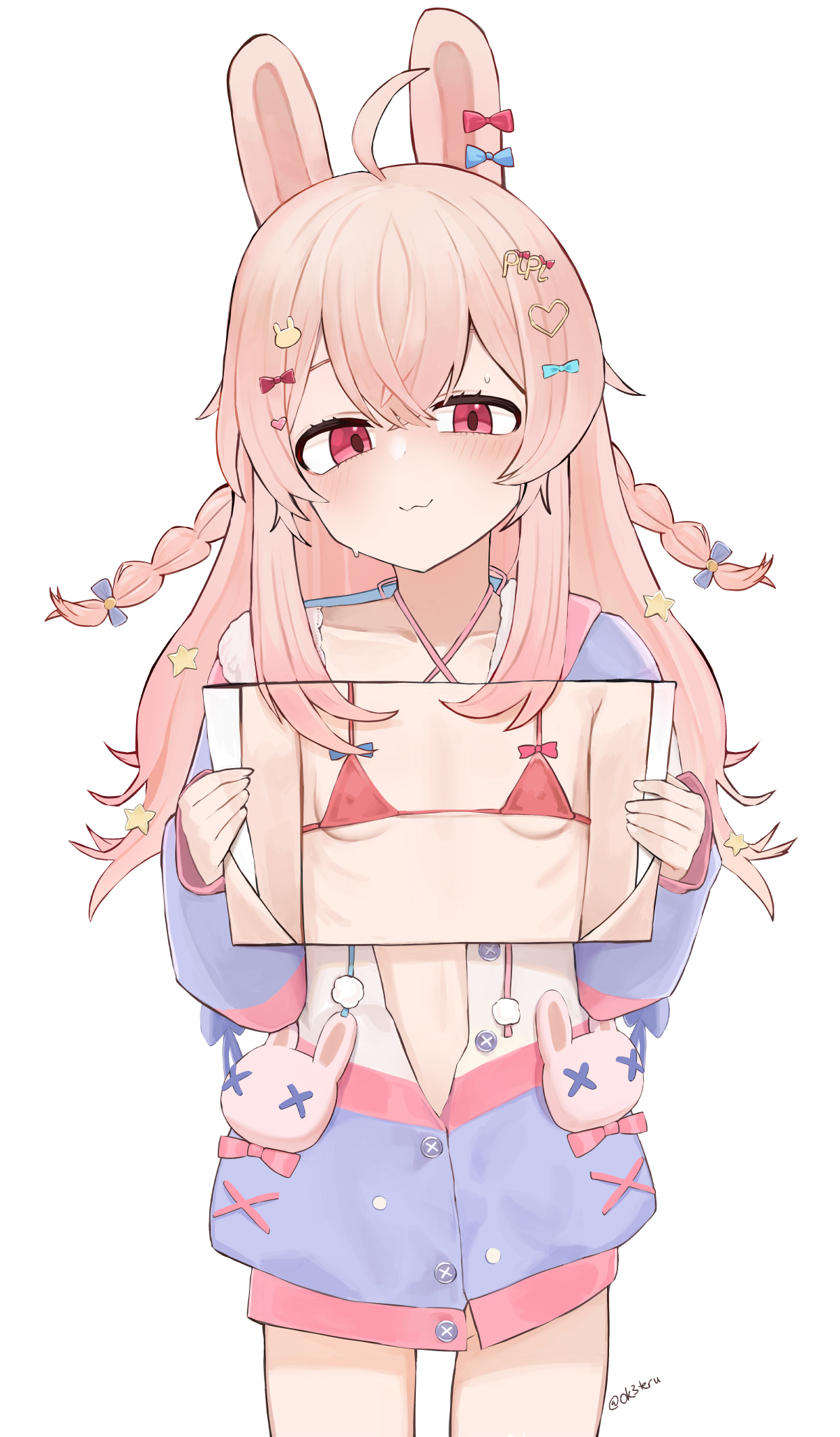 1girls, ahoge, animal ears, bikini, bow, braid, breasts, closed mouth, collarbone, commentary, cowboy shot, criss-cross halter, english commentary, female, hair ornament, hairbow, halterneck, highres, holding, holding paper, long hair, long sleeves, micro bikini, micro bikini under clothes, ok1teru, paper, phase connect, phase origins, pink hair, pipkin pippa, rabbit ears, rabbit girl, red bikini, red eyes, small breasts, solo, swimsuit, virtual youtuber, vtuber