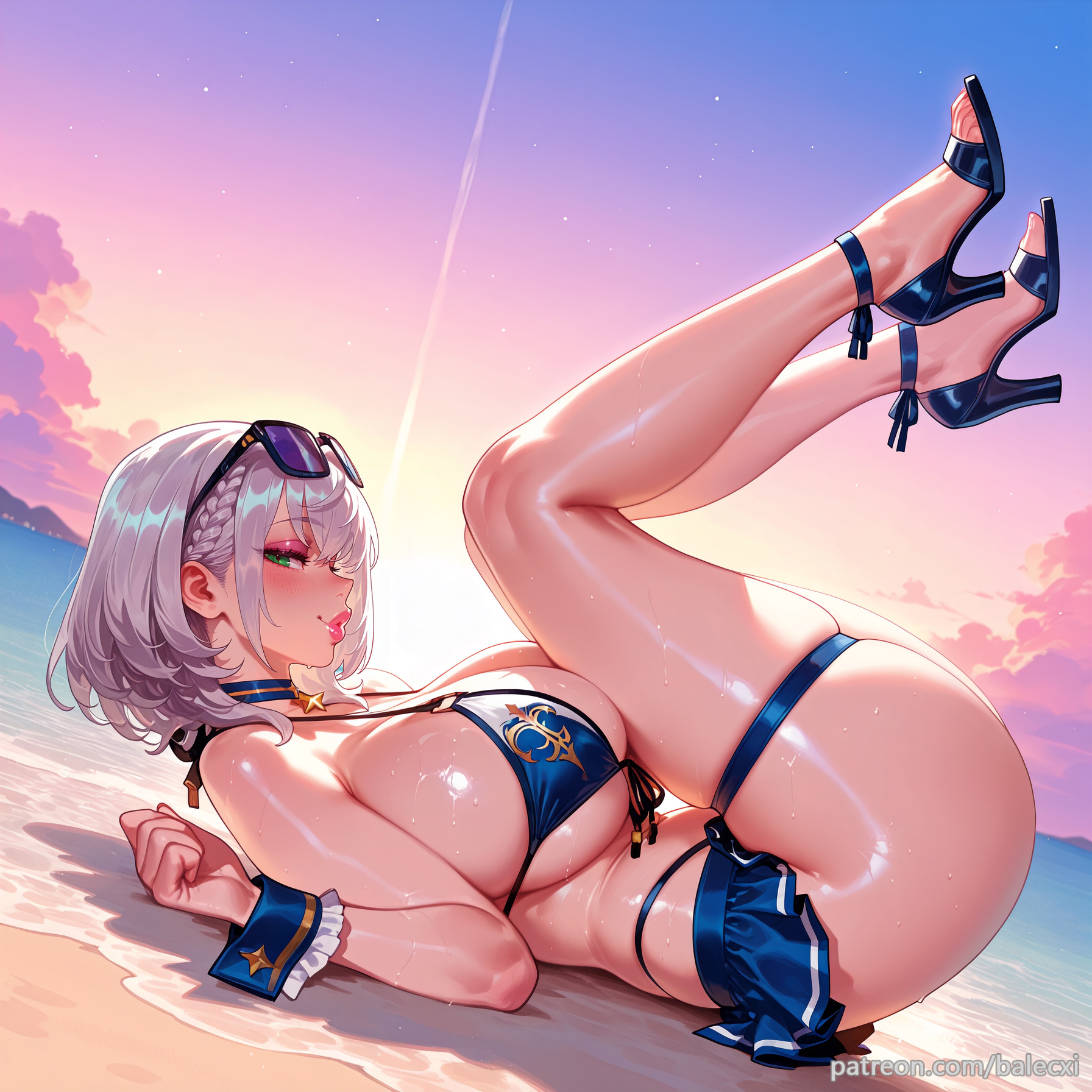 ai generated, balecxi, beach, bikini skirt, blue bikini, blush, braid, breasts, eyewear on head, feet, female, from side, green eyes, grey hair, high heels, hololive, hololive fantasy, hololive japan, huge breasts, legs, legs up, looking at viewer, lying, makeup, on back, outdoors, sandals, shirogane noel, short hair, solo, strappy heels, sunglasses, sunset, swimsuit, thigh strap, thighs, toenails, toes, virtual youtuber, wrist cuffs