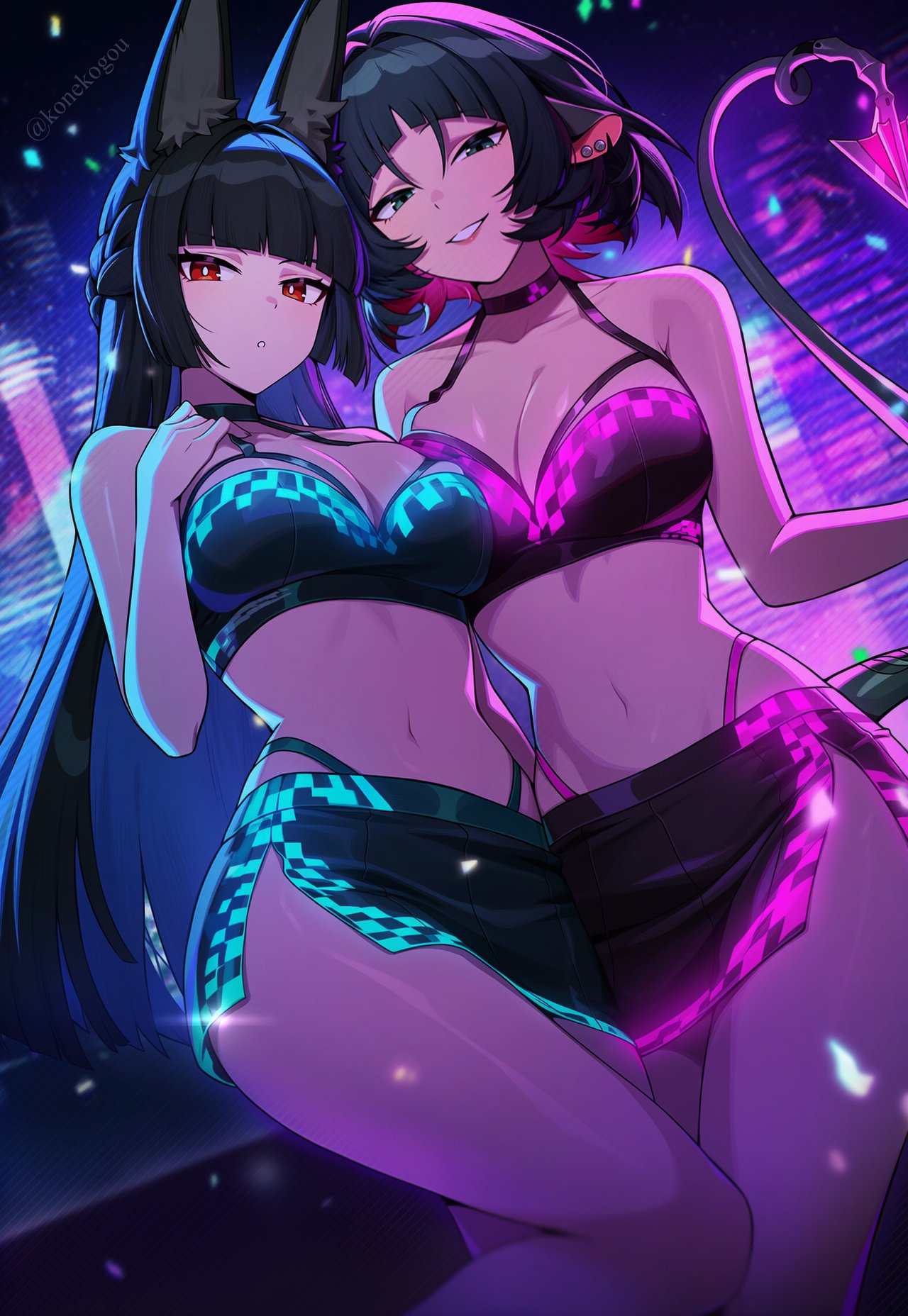 2girls, ai generated, animal ears, bangs, black choker, black hair, black skirt, blue eyes, blunt bangs, breasts, choker, cleavage, collarbone, female, highleg, highleg panties, hoshimi miyabi, jane doe (zenless zone zero), konekogou, large breasts, long hair, looking at viewer, miniskirt, multiple females, multiple girls, navel, parted lips, short hair, skirt, smile, stomach, zenless zone zero