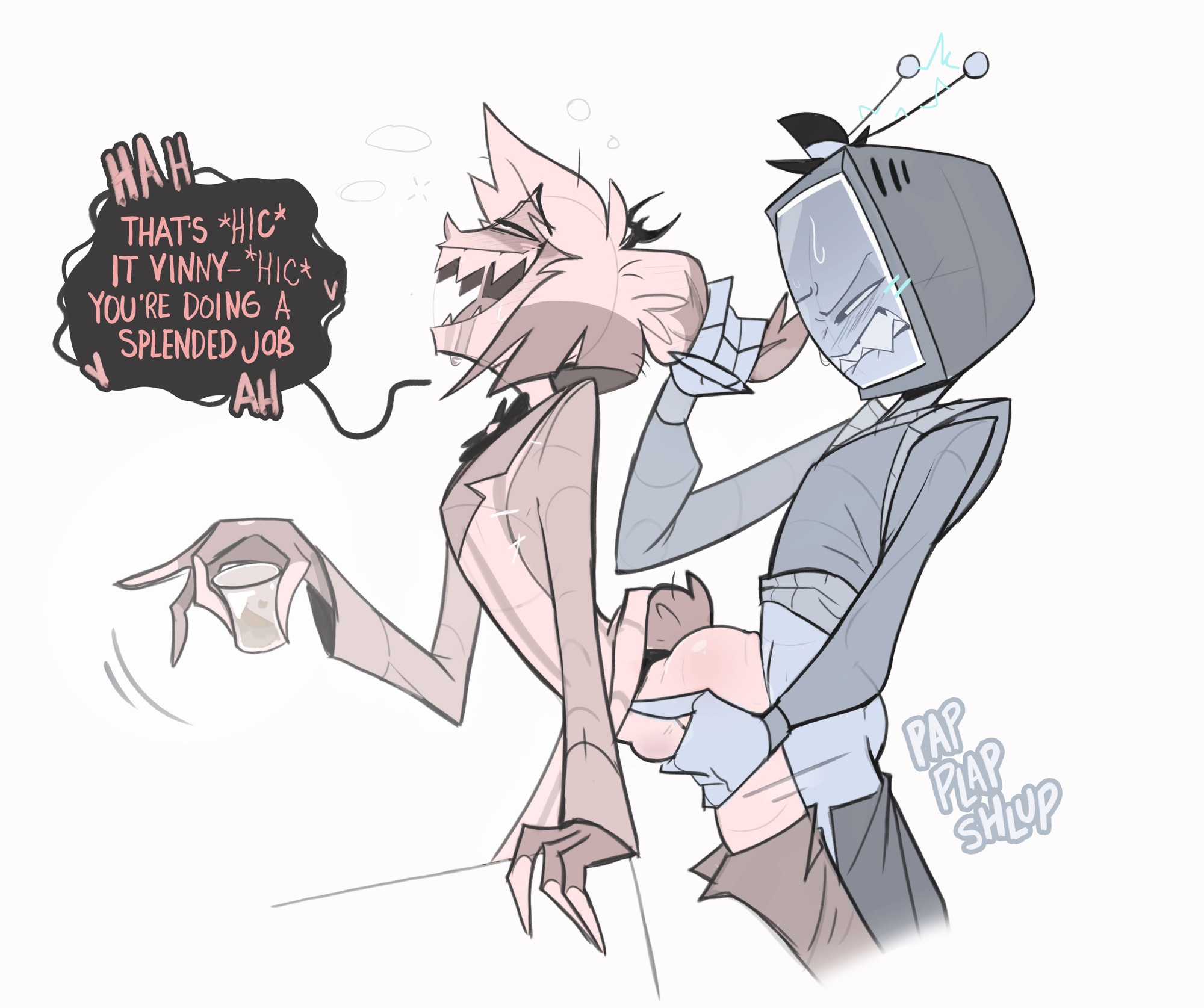 alastor (hazbin hotel), anal, ass, big ass, craxkers, deer, demon, dialogue, drooling, drunk, drunk sex, english text, gay, gay sex, hazbin hotel, partially clothed, pulling ears, sex, stomach bulge, text, tv head, vox (hazbin hotel), wine, yaoi