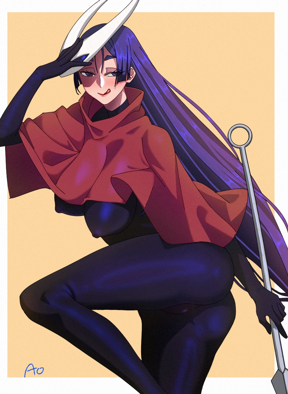 1girls, 2025, 2d, 2d (artwork), annimeone7, artist signature, big breasts, black bodysuit, bodysuit, breasts, cloak, clothed, clothed female, cosplay, fate (series), fate/grand order, female, female only, fully clothed, giant needle, hair, holding object, holding weapon, hollow knight, hornet (hollow knight) (cosplay), long hair, looking at viewer, mask, mature, mature female, mature woman, milf, minamoto no raikou (fate/grand order), needle, nipple bulge, nipple outline, no sex, peach background, purple eyes, purple hair, red cloak, simple background, solo, solo female, thighs, tight clothing, tongue, tongue out, very long hair, weapon, white border