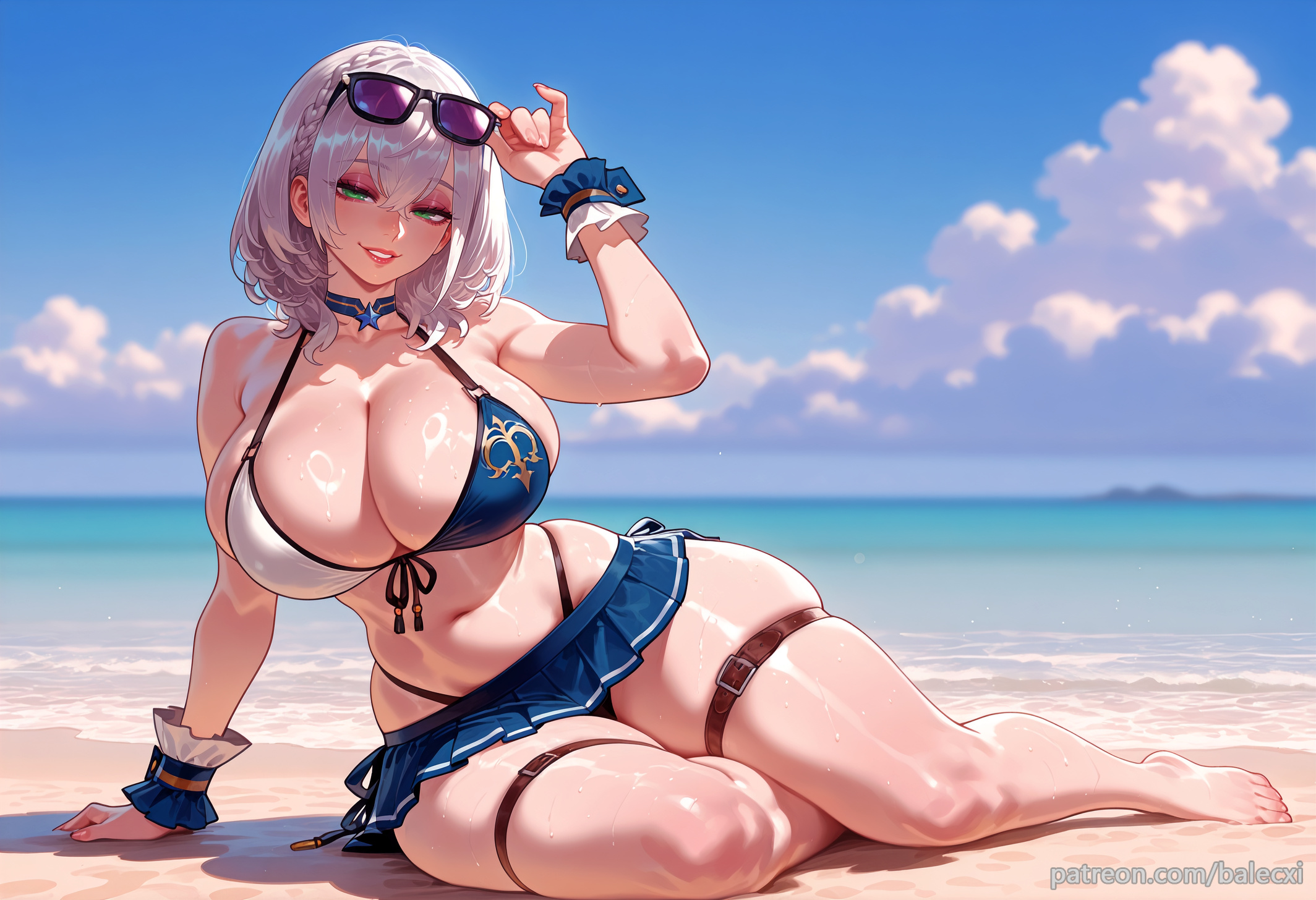 ai generated, balecxi, barefoot, beach, bikini, bikini skirt, breasts, cleavage, day, eyewear on head, feet, female, front-tie top, green eyes, grey hair, hololive, hololive fantasy, hololive japan, huge breasts, looking at viewer, medium hair, microskirt, miniskirt, navel, ocean, outdoors, shirogane noel, sitting, skindentation, skirt, sky, smile, solo, sunglasses, swimsuit, thick thighs, thigh strap, thong above skirt, virtual youtuber, wavy hair