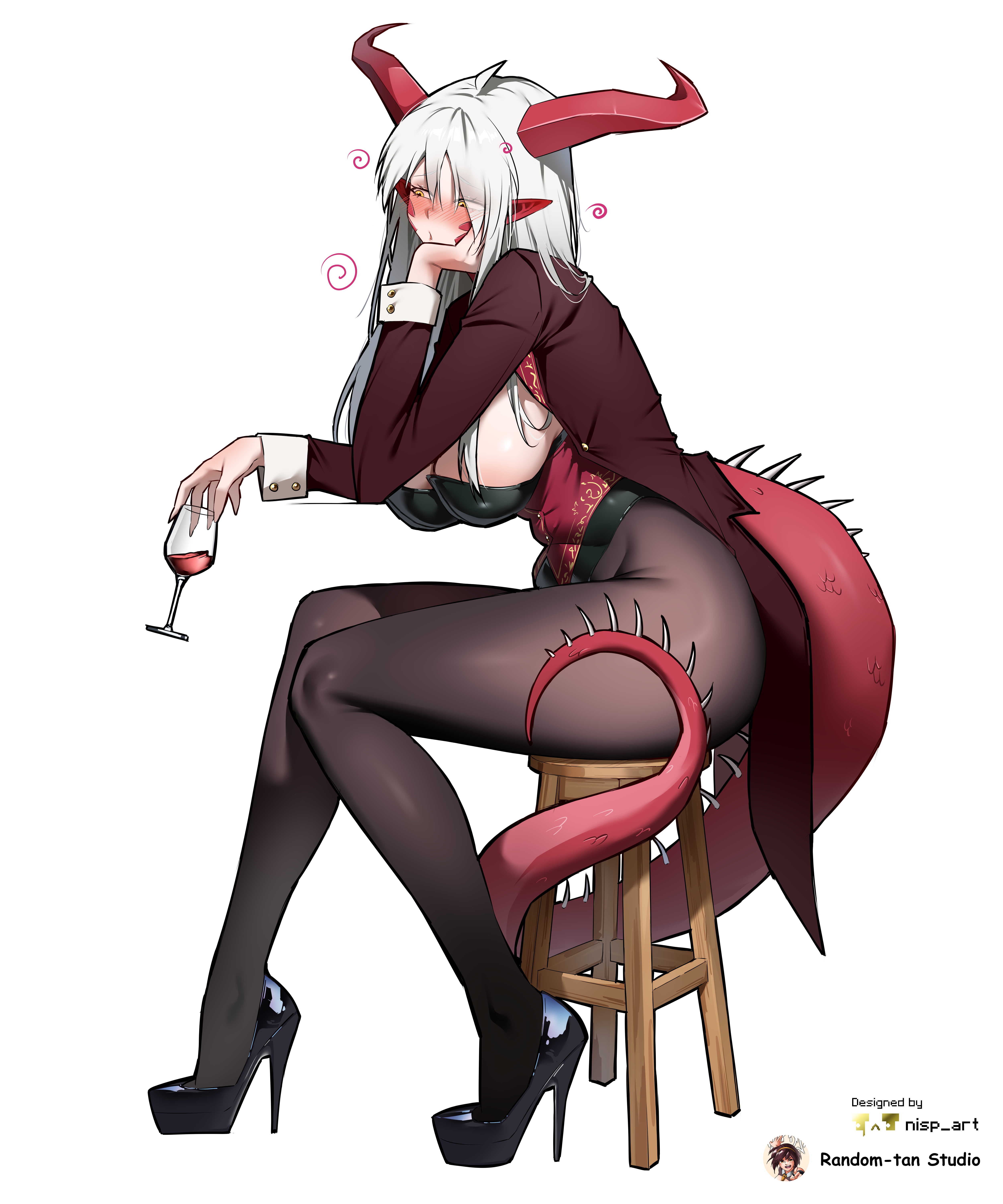 1girls, absurd res, big breasts, blush, breasts, clothed, clothed female, dragon girl, dragon tail, drunk, elf ears, female, female only, hi res, high heels, horns, leotard, light skin, light-skinned female, long hair, nisp art, original, original character, pantyhose, red ears, shirt, sitting, solo, strapless leotard, tail, thighs, white hair, wine, wine glass, yellow eyes