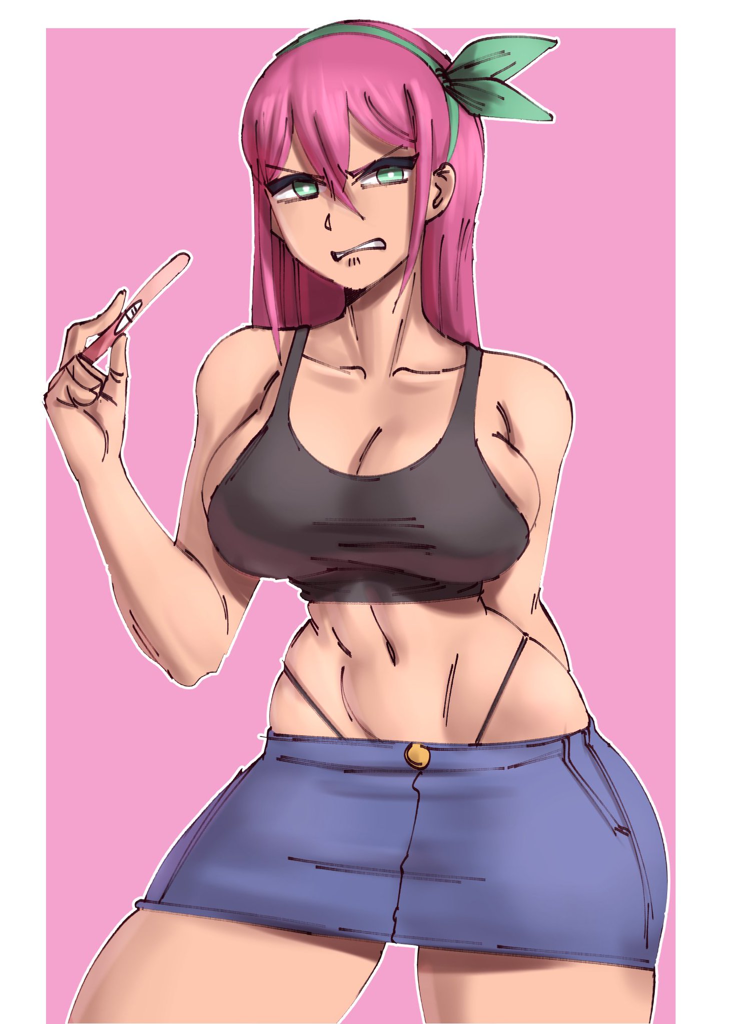 1girls, 2022, abs, angry, angry face, aubrey (omori), bow, breasts, cleavage, denim, denim skirt, female, fit female, green eyes, large breasts, midriff, muscular, muscular female, no bra, nonosamu, omori, pink hair, positive pregnancy test, pregnancy test, skirt, solo female, solo focus, tank top, thick thighs, thighs, unwanted impregnation, visible panties