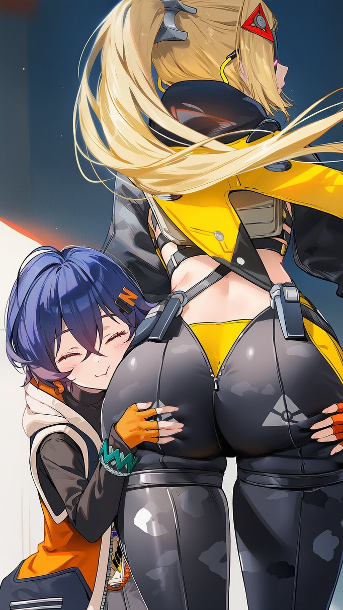 2girls, ai generated, ass, ass grab, assisted presentation, belle (zenless zone zero), blonde hair, blue hair, closed eyes, female, female face near ass, fingerless gloves, gloves, hair ornament, hairclip, head on ass, hood, long hair, multiple females, multiple girls, short hair, smile, tommy (timmy tommy 1), trigger (zenless zone zero), yuri, zenless zone zero