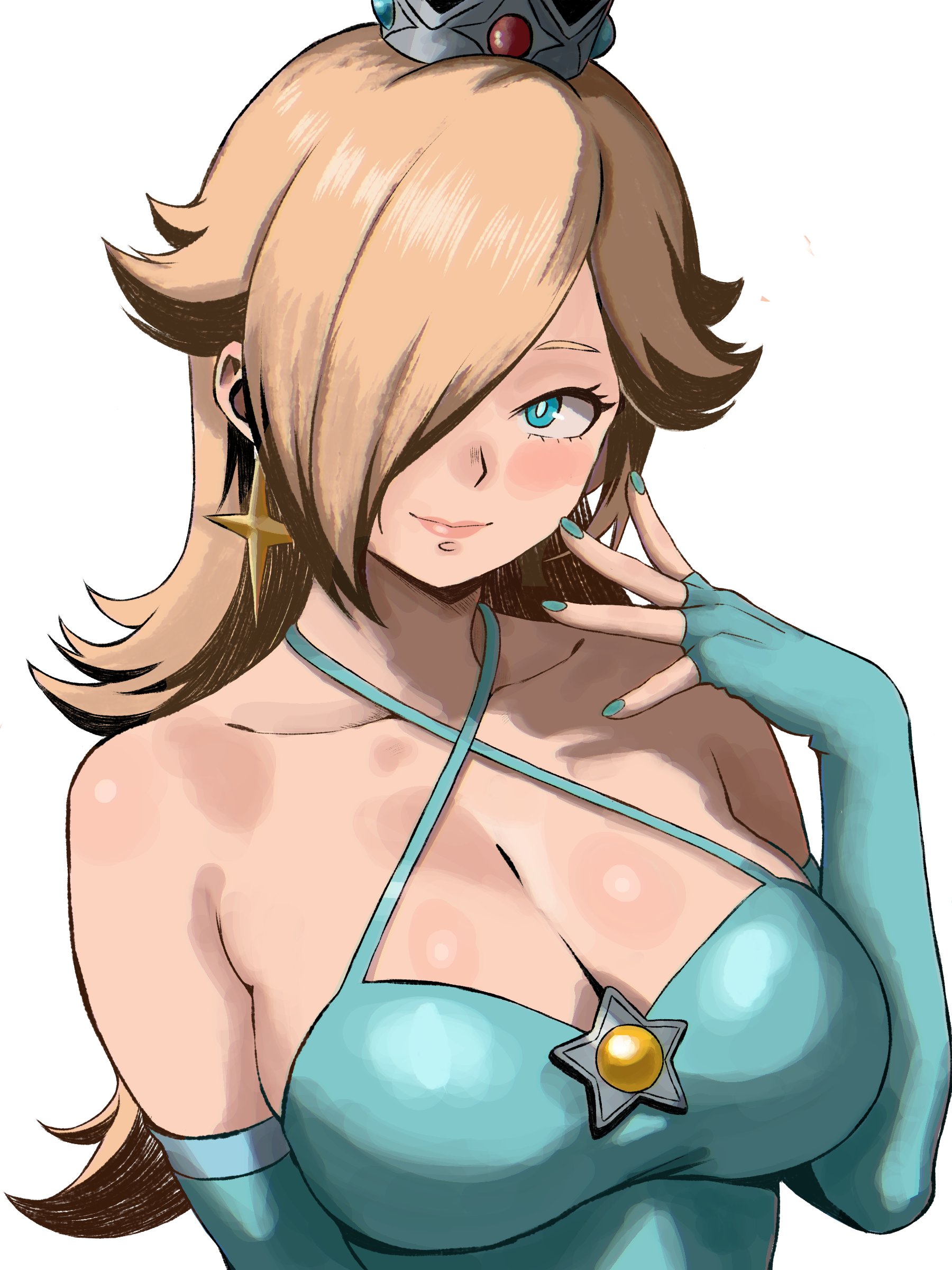 1girls, absurdres, alternate breast size (larger), bare shoulders, blonde hair, blue eyes, breasts, cleavage, collarbone, crown, earrings, elbow gloves, enji masterpie, female, female only, gloves, hair over one eye, highres, jewelry, large breasts, long hair, mario (series), nintendo, princess rosalina, rosalina, solo, star (symbol), star earrings